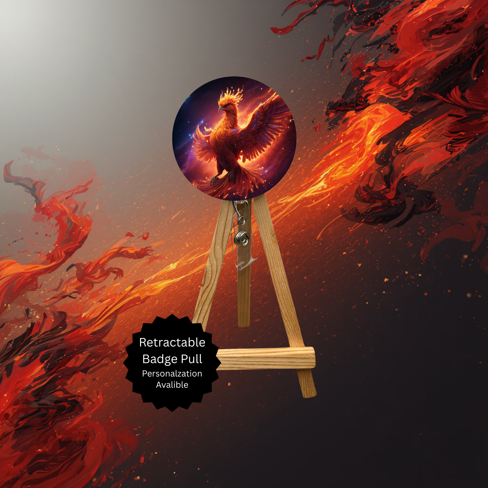Phoenix Badge Pulls - Mythical Fire Bird ID Holder with Beads & Glitter Options