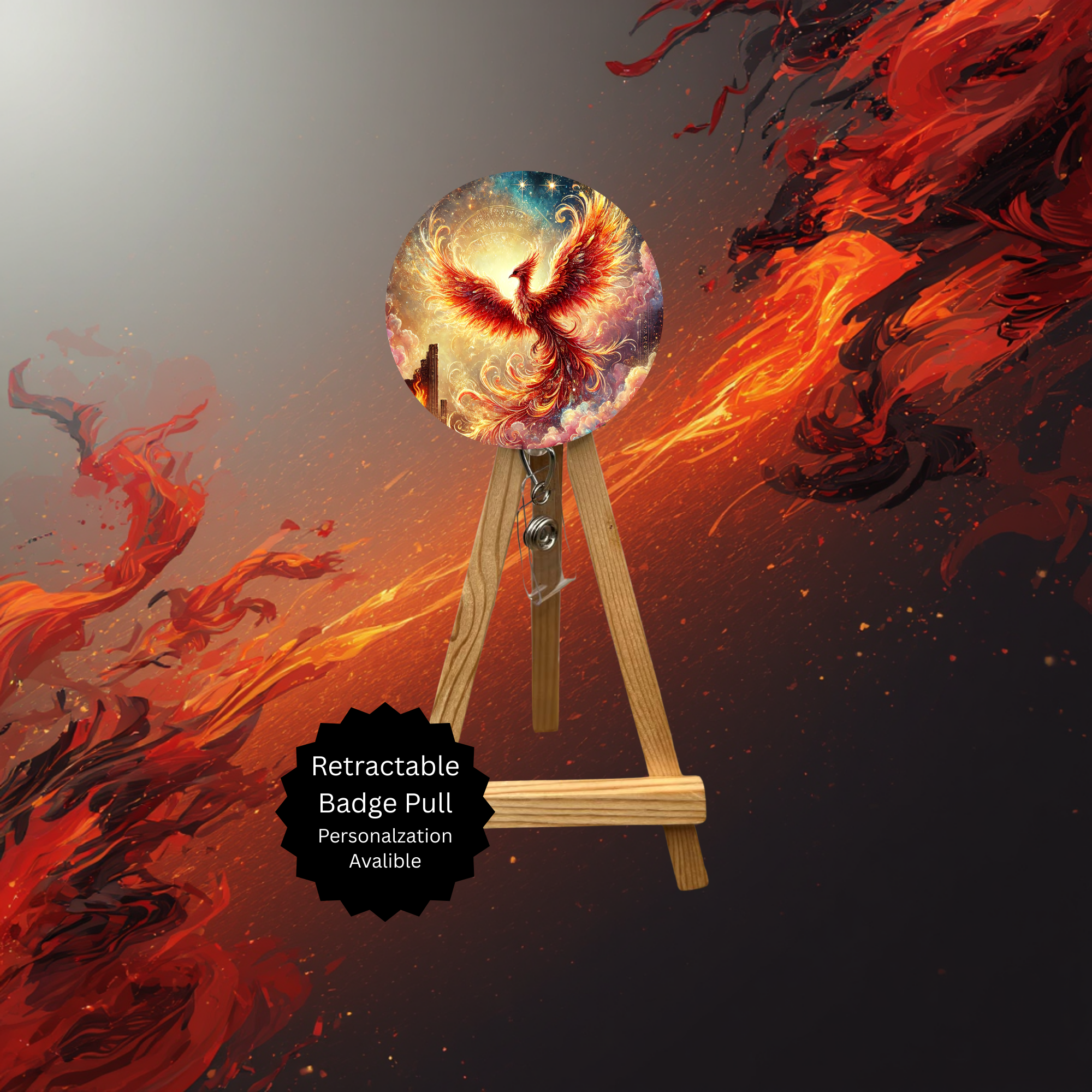 Phoenix Badge Pulls - Mythical Fire Bird ID Holder with Beads & Glitter Options