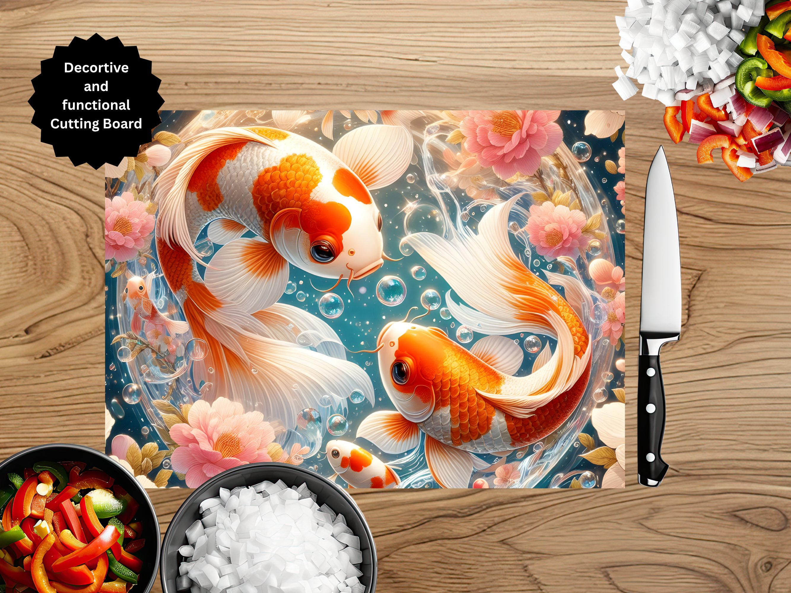 Koi Fish Glass Cutting Board - Tempered Glass Kitchen Board
