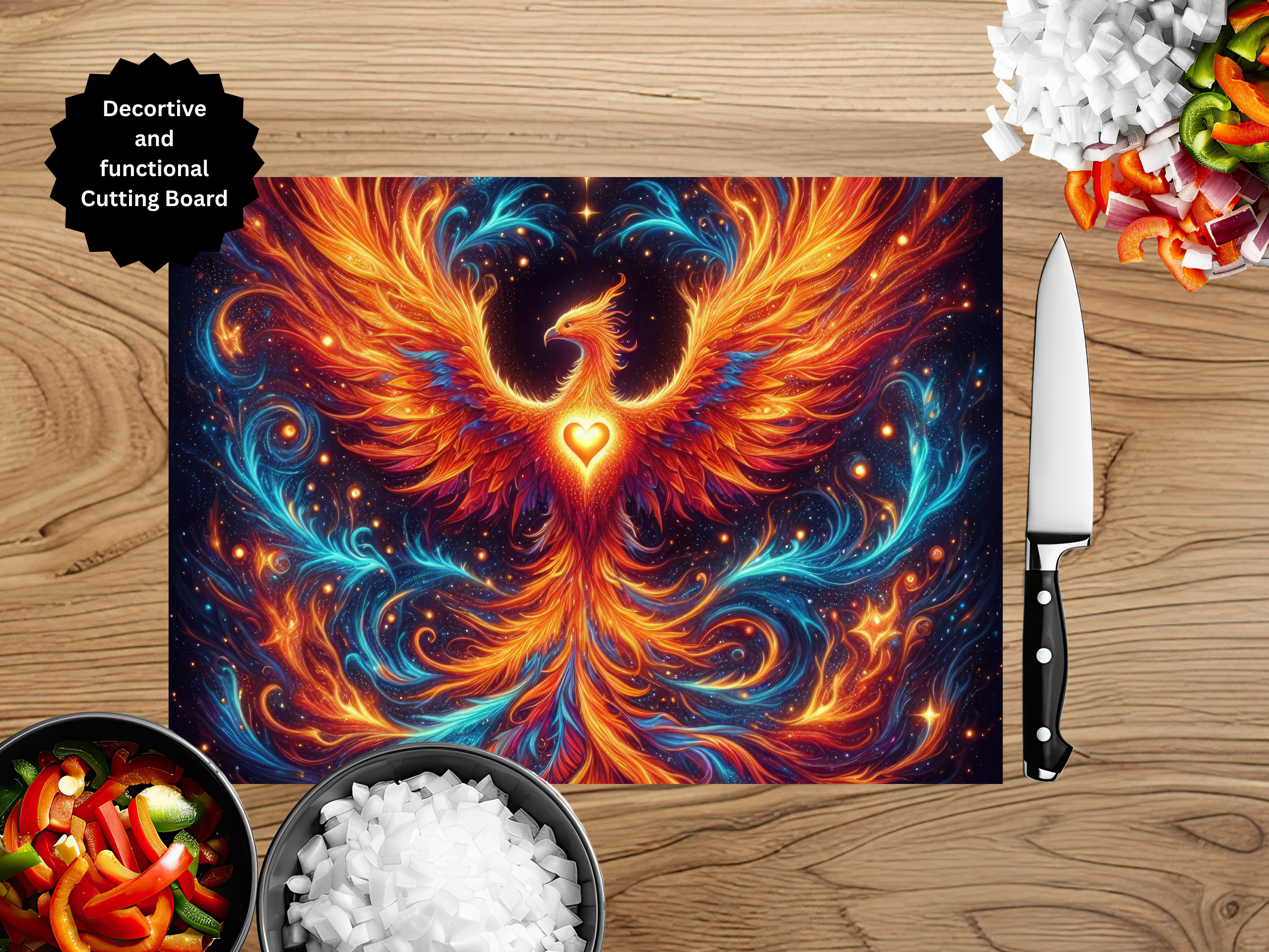 Phoenix Glass Cutting Board - Tempered Glass Kitchen Board with Fire Bird Design