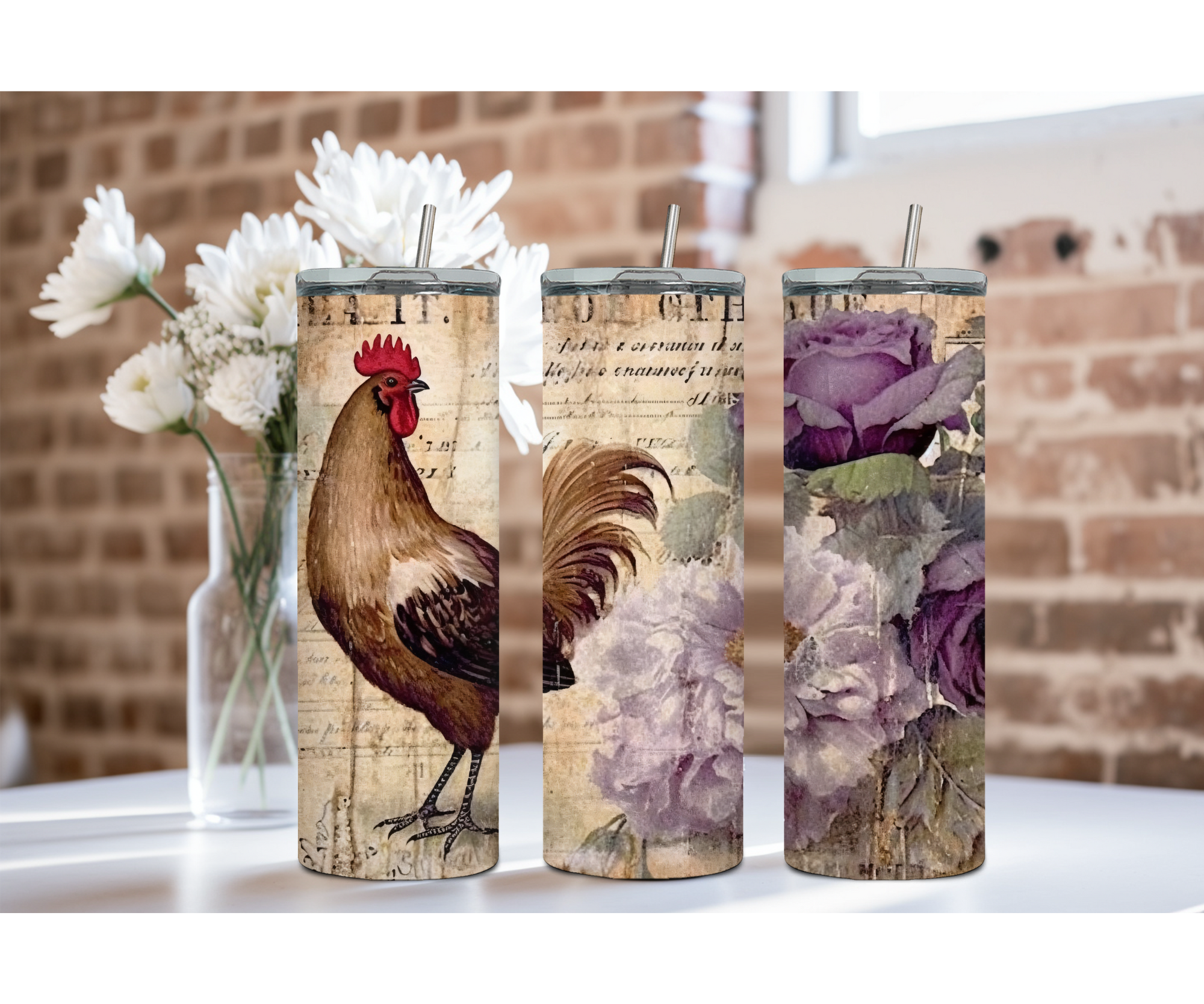20 oz Happy Hen Chicken Stainless Steel Tumblers. Multiple Images Available