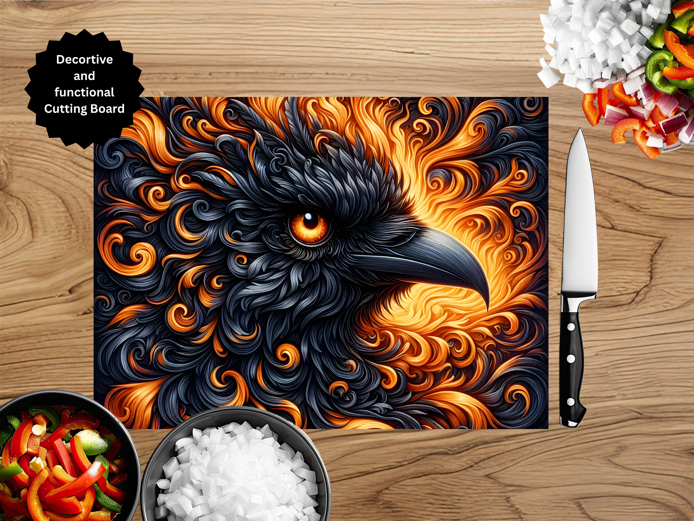 Phoenix Glass Cutting Board - Tempered Glass Kitchen Board with Fire Bird Design