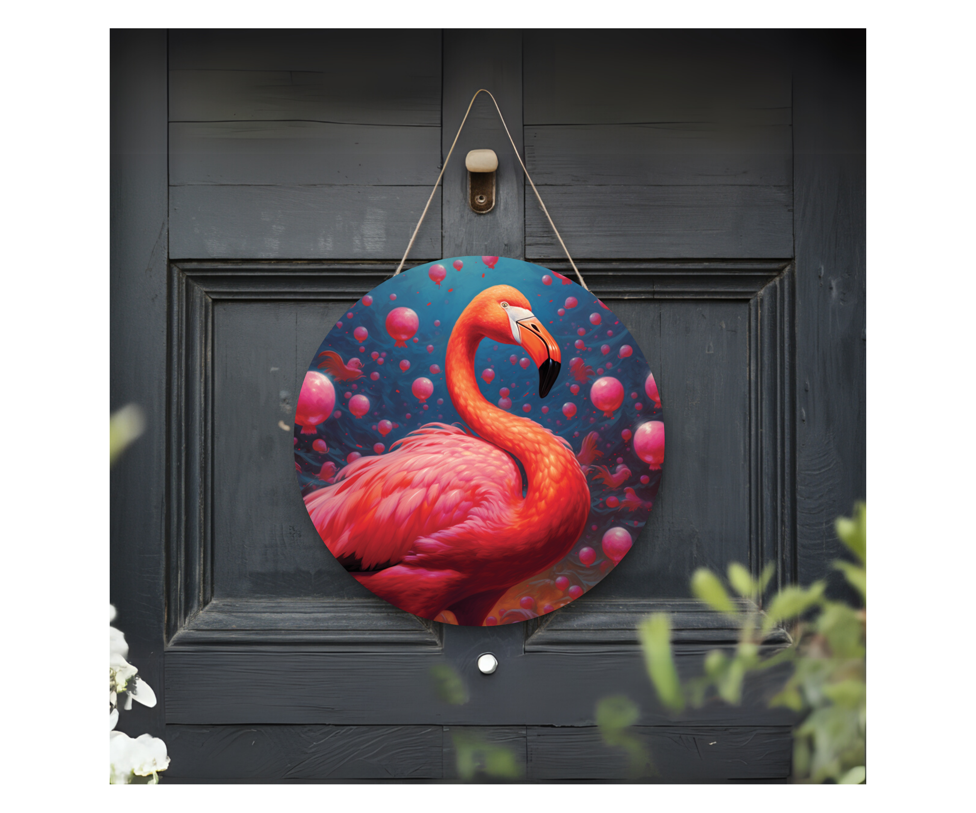 Home of the Flock Flamingo Door Signs, Multiple images options.