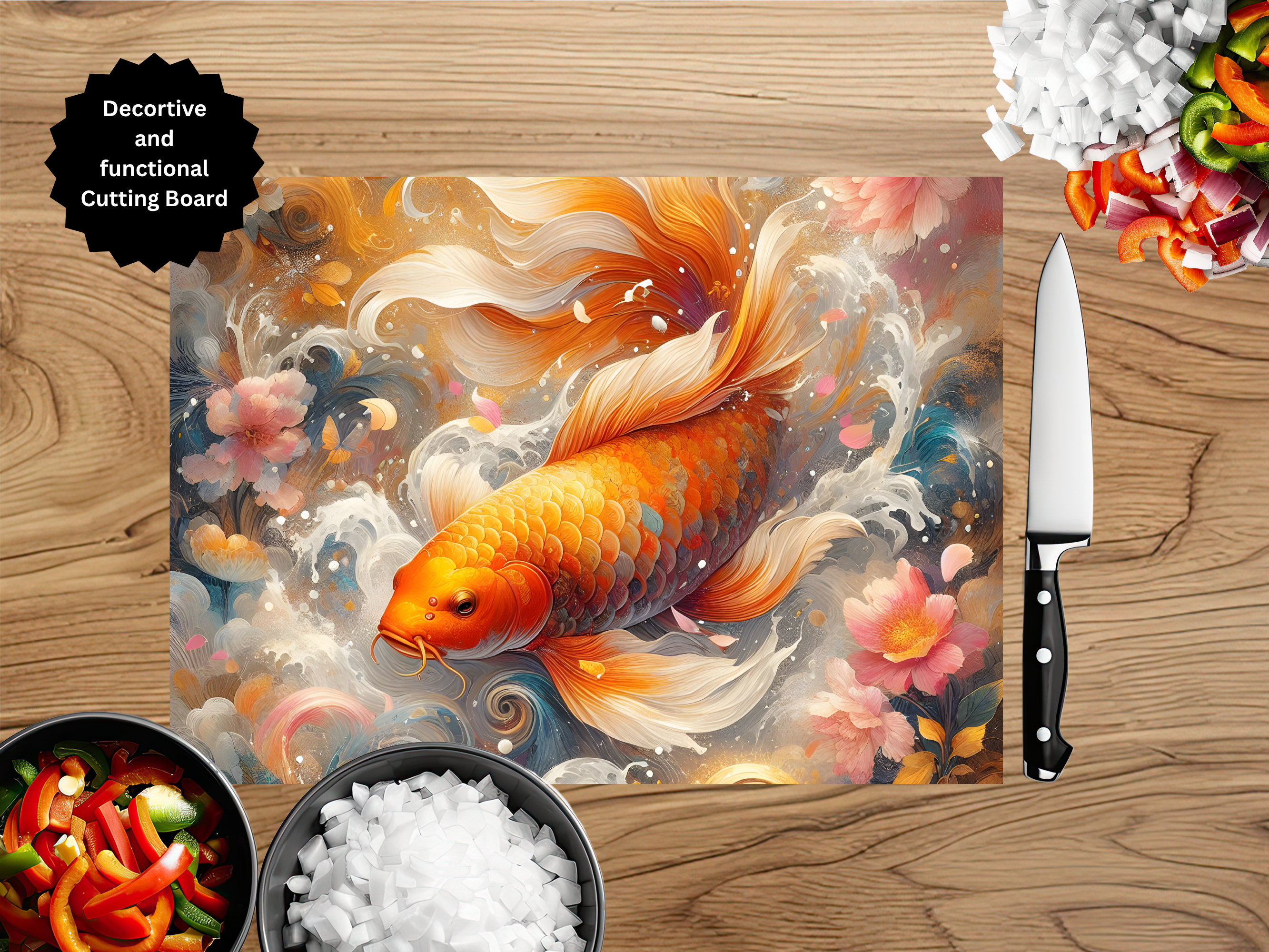 Koi Fish Glass Cutting Board - Tempered Glass Kitchen Board