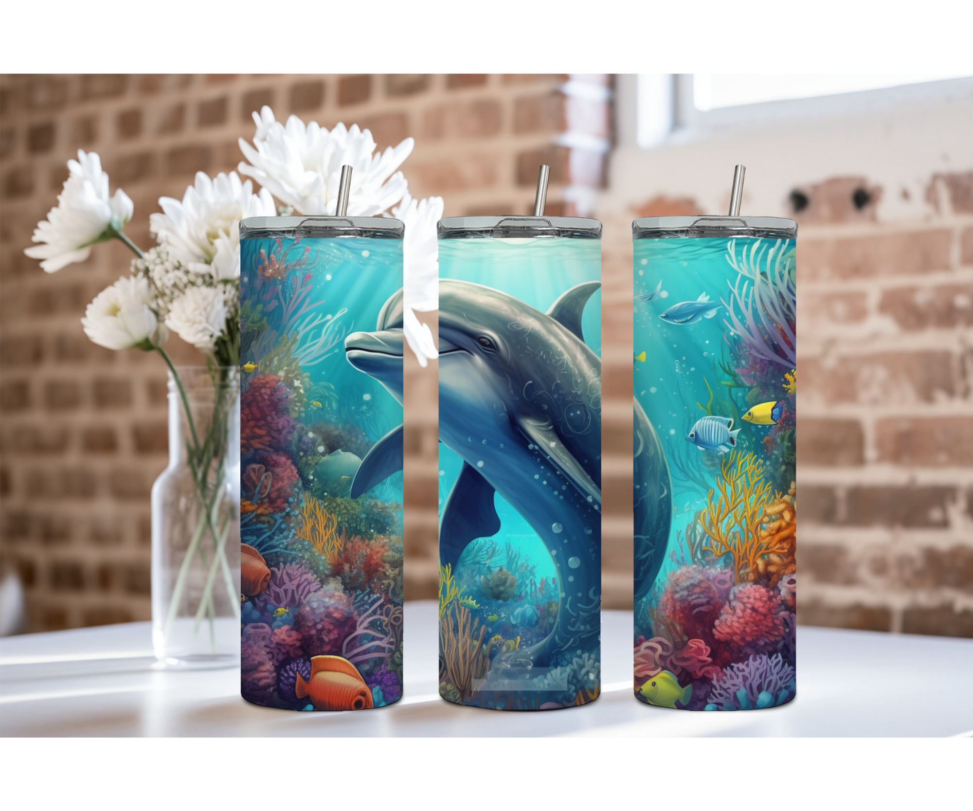 Splash of Happiness Dolphin – 20 oz Stainless-Steel Tumblers. Multiple Sizes and Images Available.