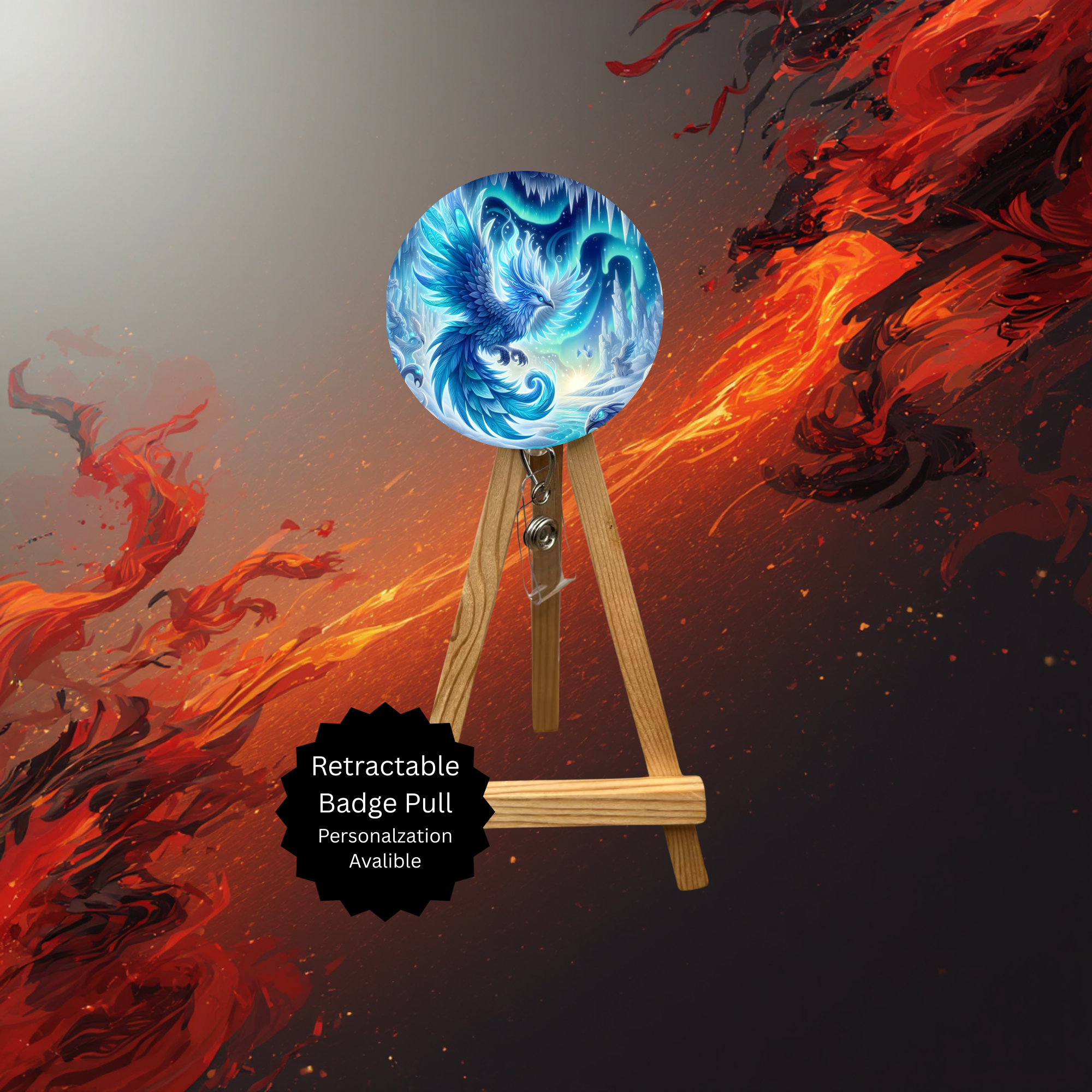 Phoenix Badge Pulls - Mythical Fire Bird ID Holder with Beads & Glitter Options
