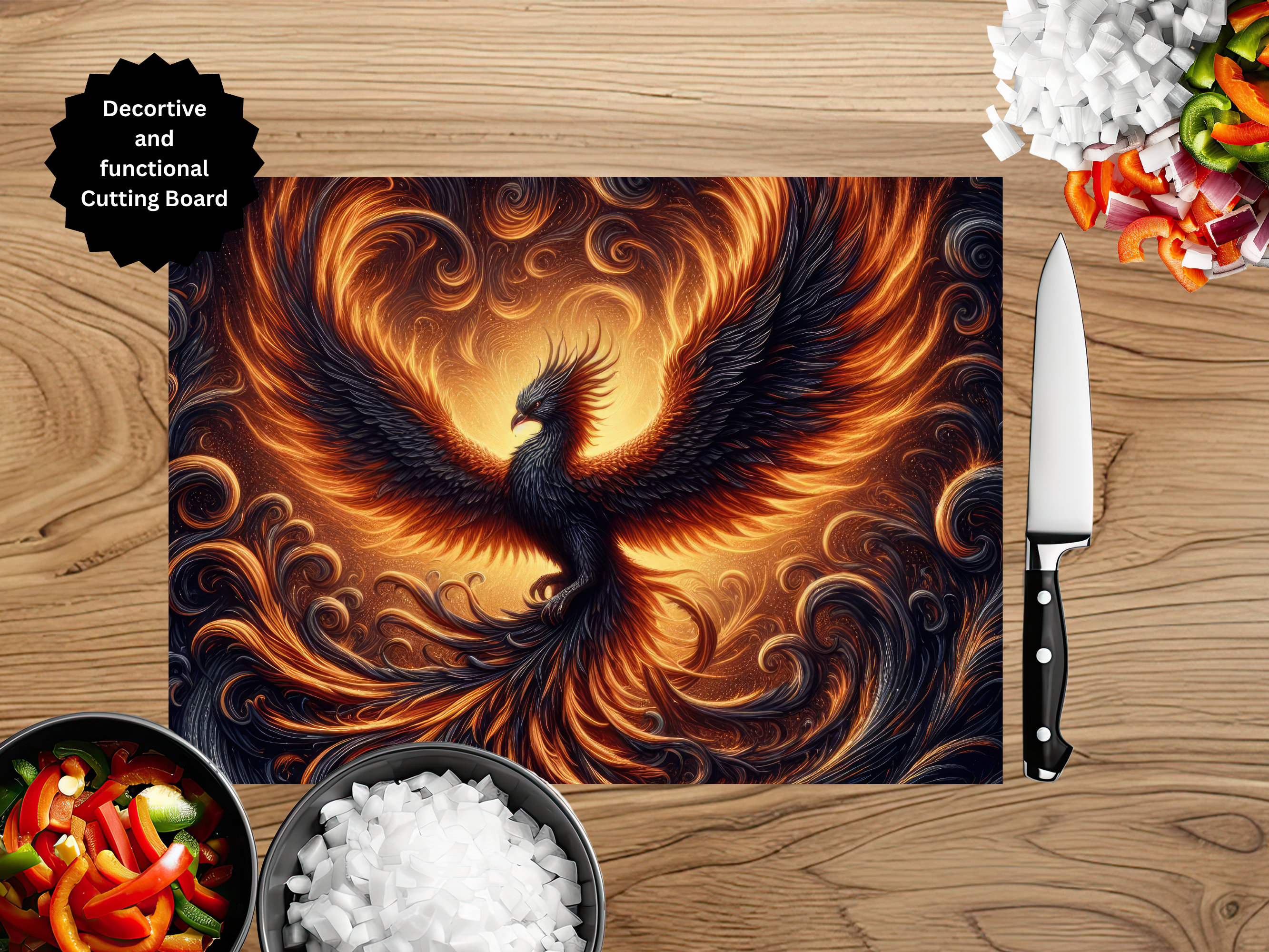 Phoenix Glass Cutting Board - Tempered Glass Kitchen Board with Fire Bird Design