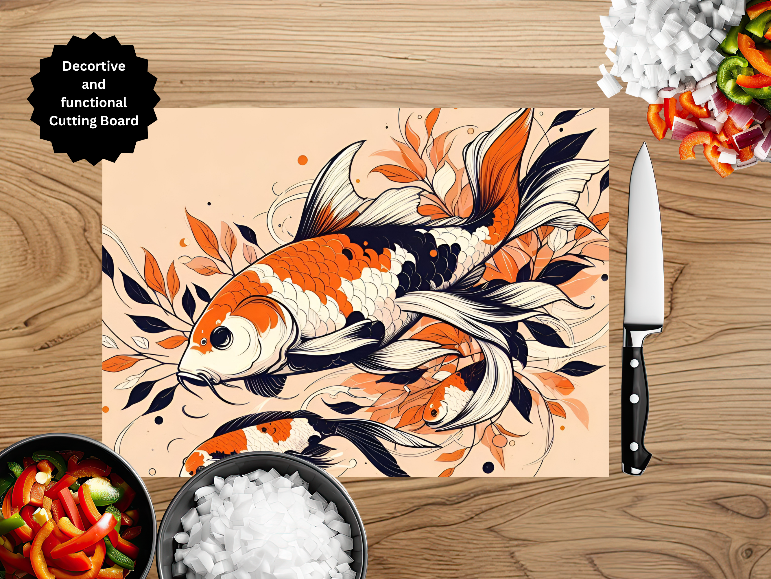 Koi Fish Glass Cutting Board - Tempered Glass Kitchen Board