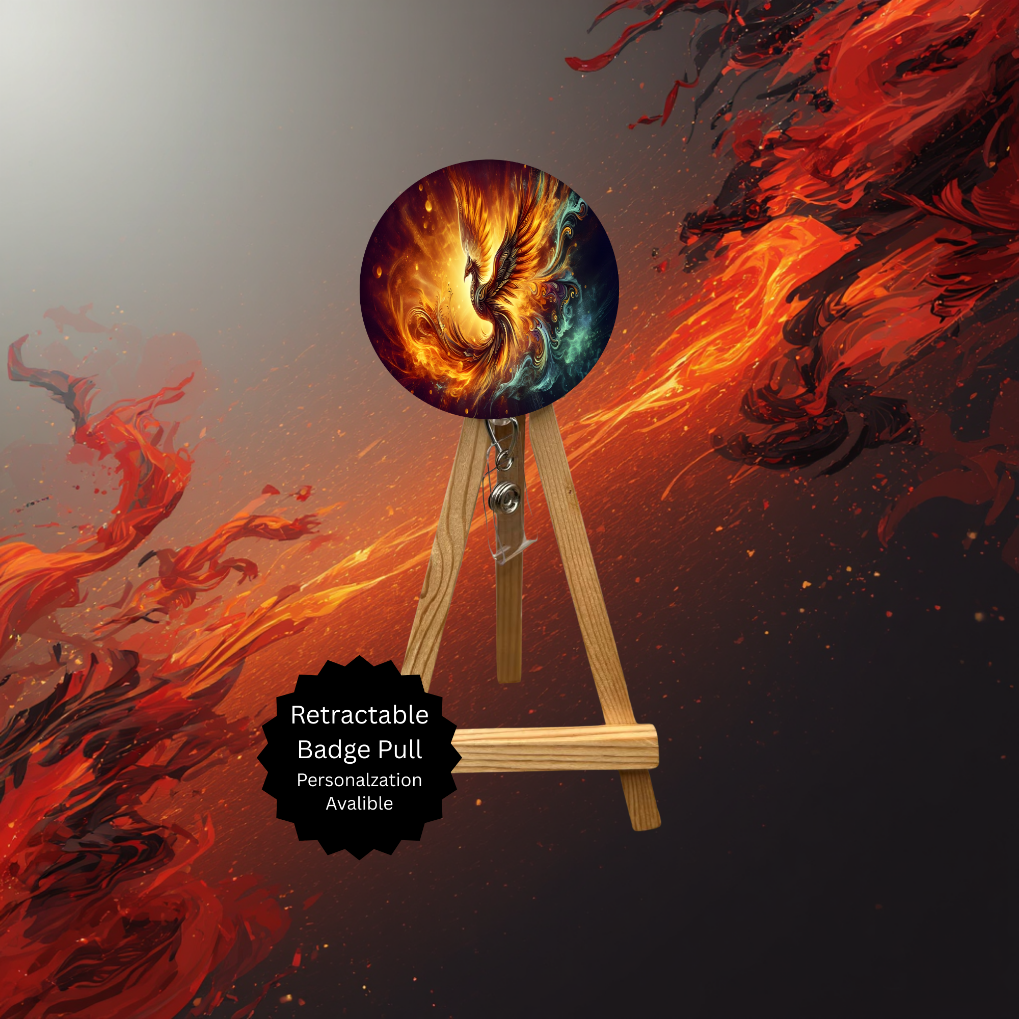 Phoenix Badge Pulls - Mythical Fire Bird ID Holder with Beads & Glitter Options
