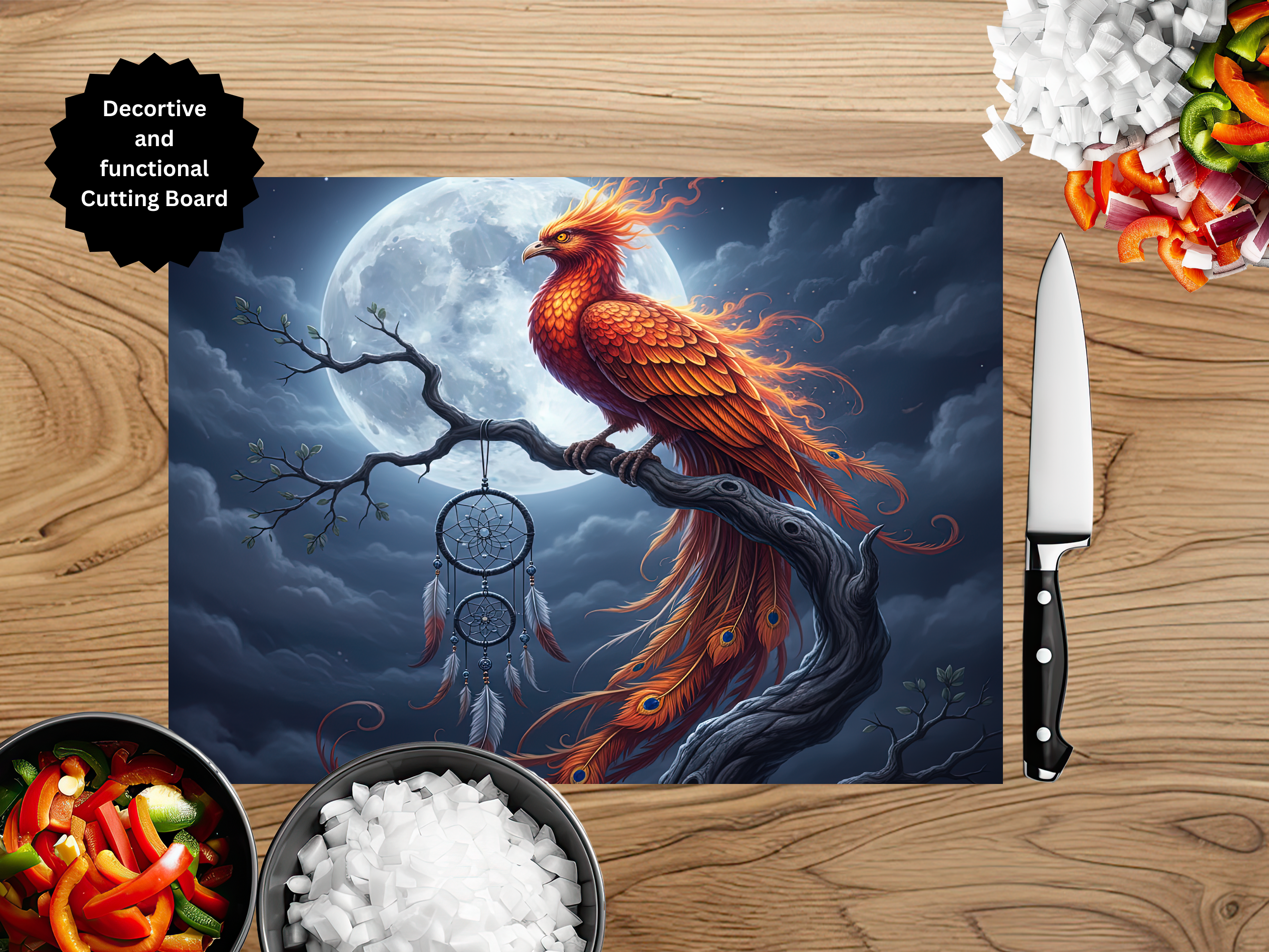 Phoenix Glass Cutting Board - Tempered Glass Kitchen Board with Fire Bird Design