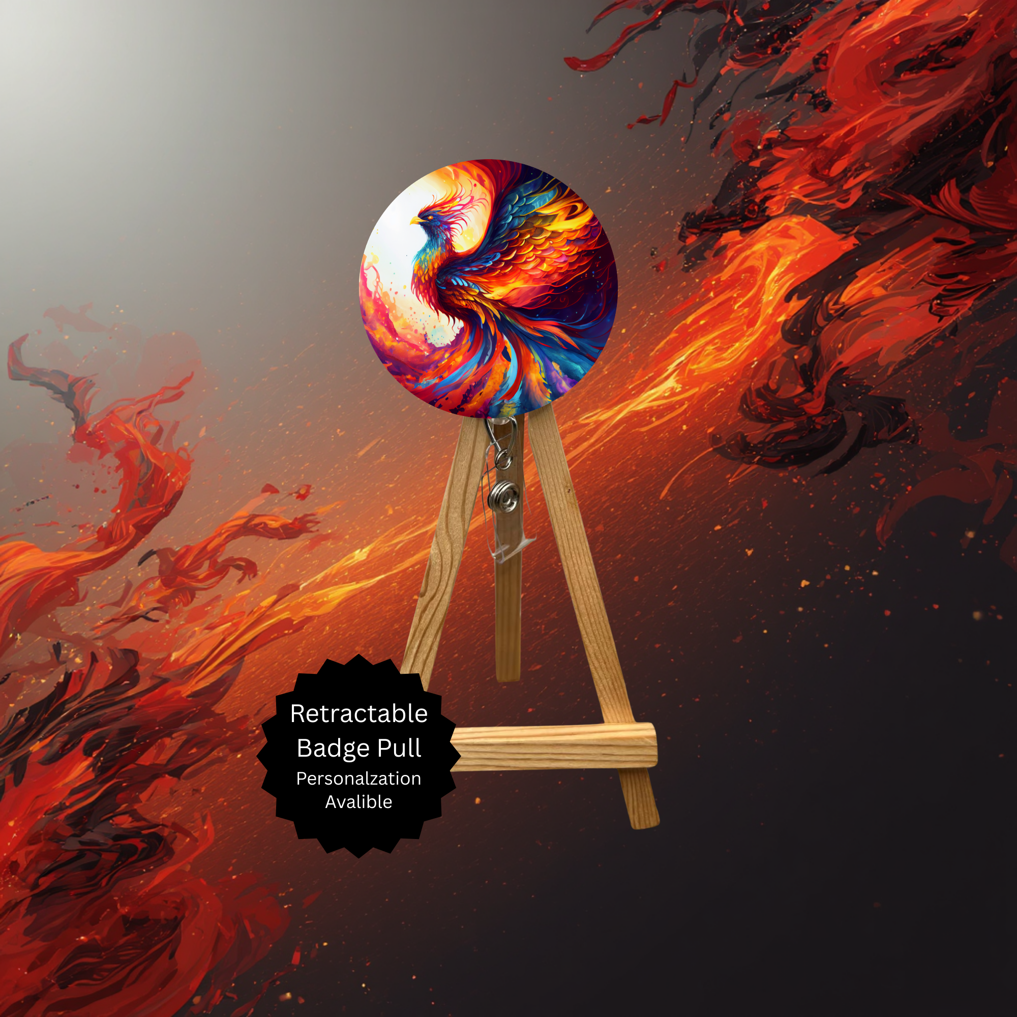 Phoenix Badge Pulls - Mythical Fire Bird ID Holder with Beads & Glitter Options