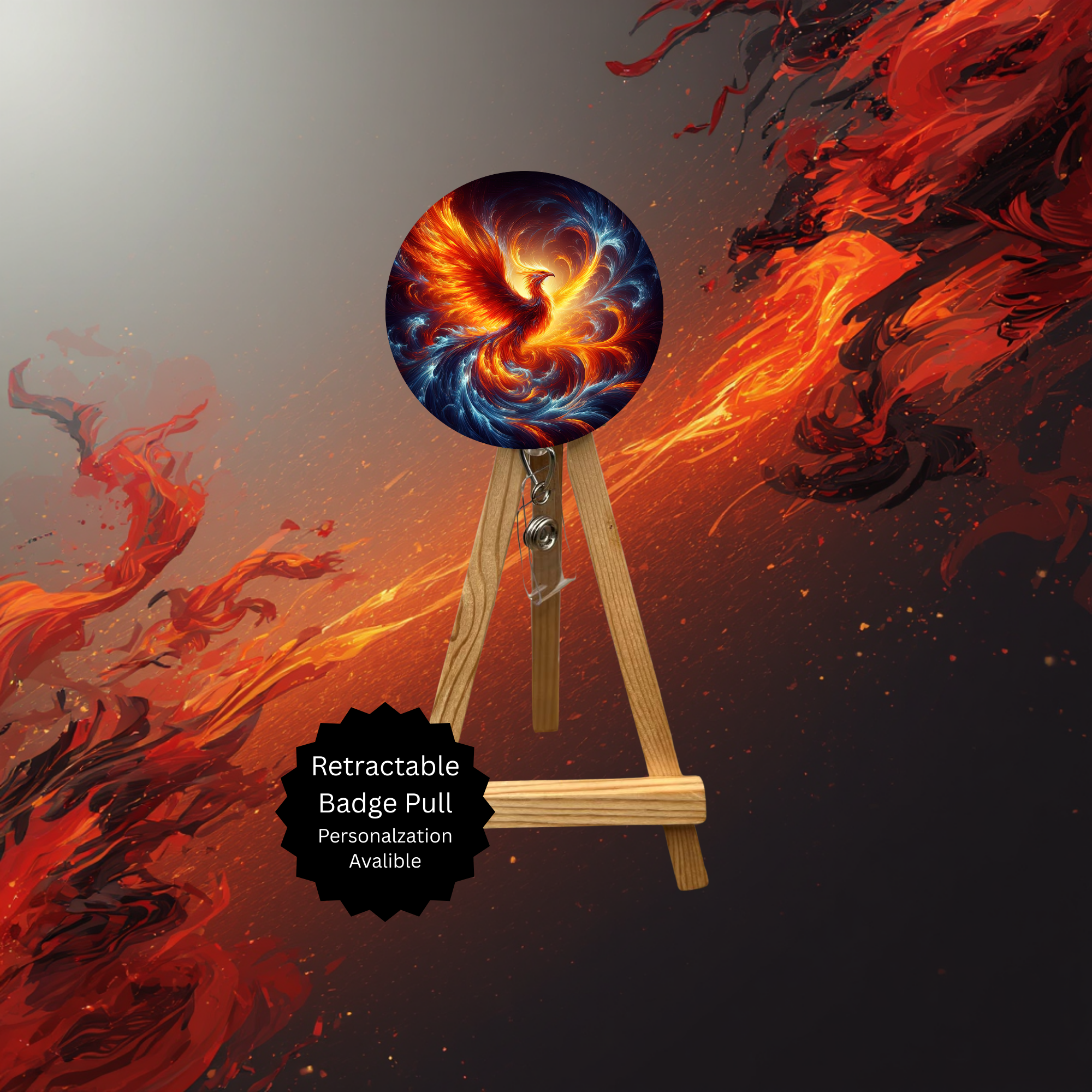 Phoenix Badge Pulls - Mythical Fire Bird ID Holder with Beads & Glitter Options