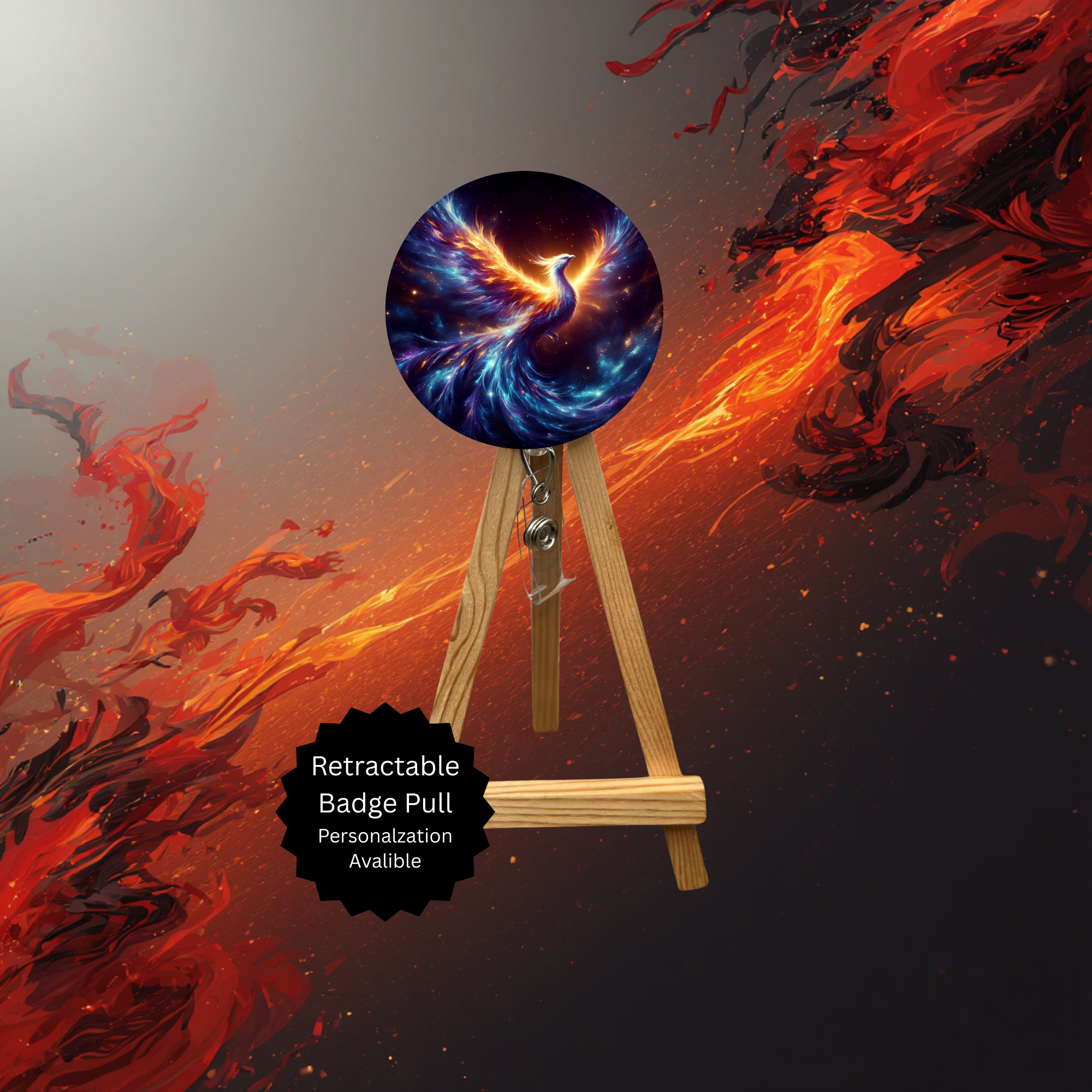 Phoenix Badge Pulls - Mythical Fire Bird ID Holder with Beads & Glitter Options