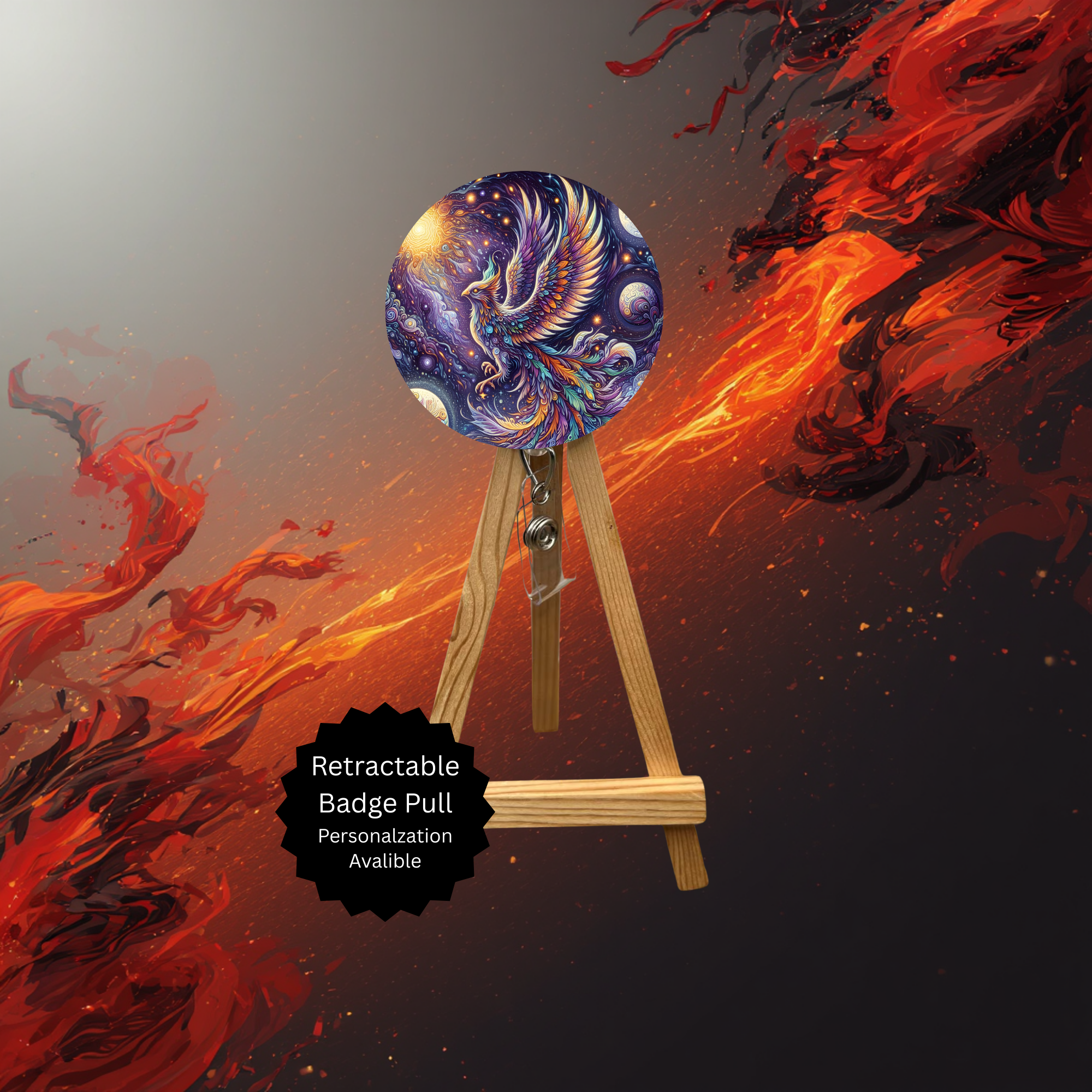 Phoenix Badge Pulls - Mythical Fire Bird ID Holder with Beads & Glitter Options