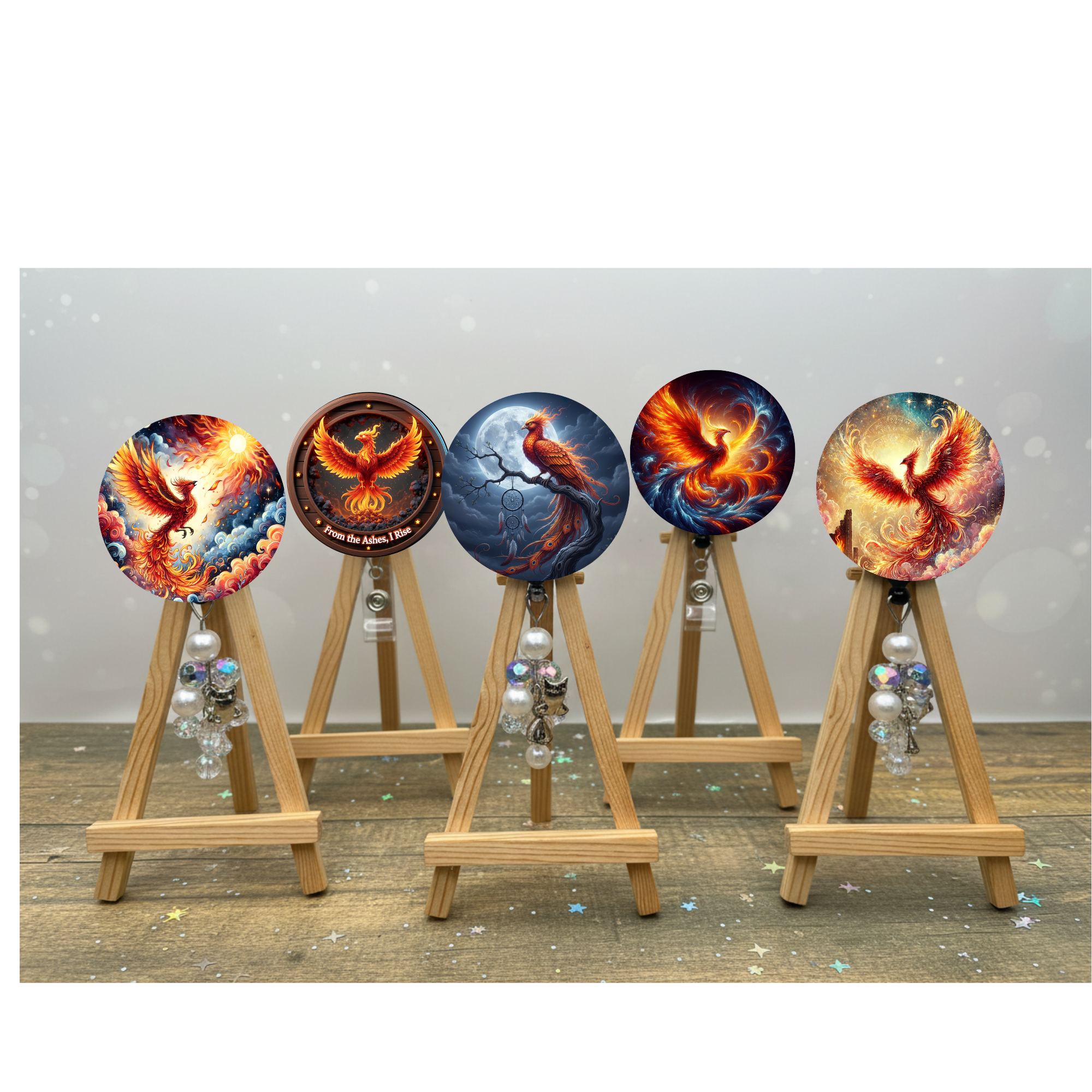 Phoenix Badge Pulls - Mythical Fire Bird ID Holder with Beads & Glitter Options