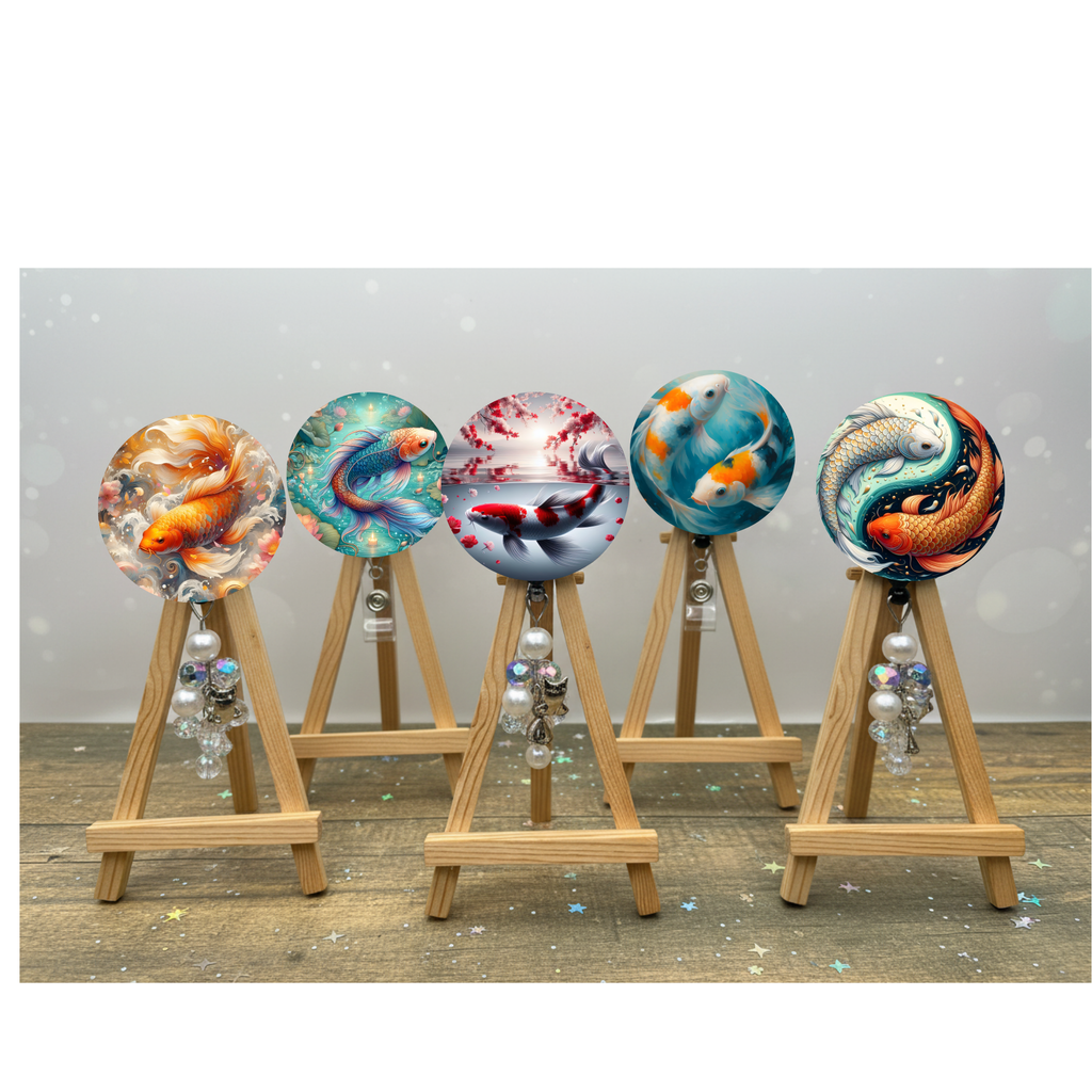 Koi Fish Badge Pulls. Multiple Images Available. Add Beads or Shimmer Glitter Options.