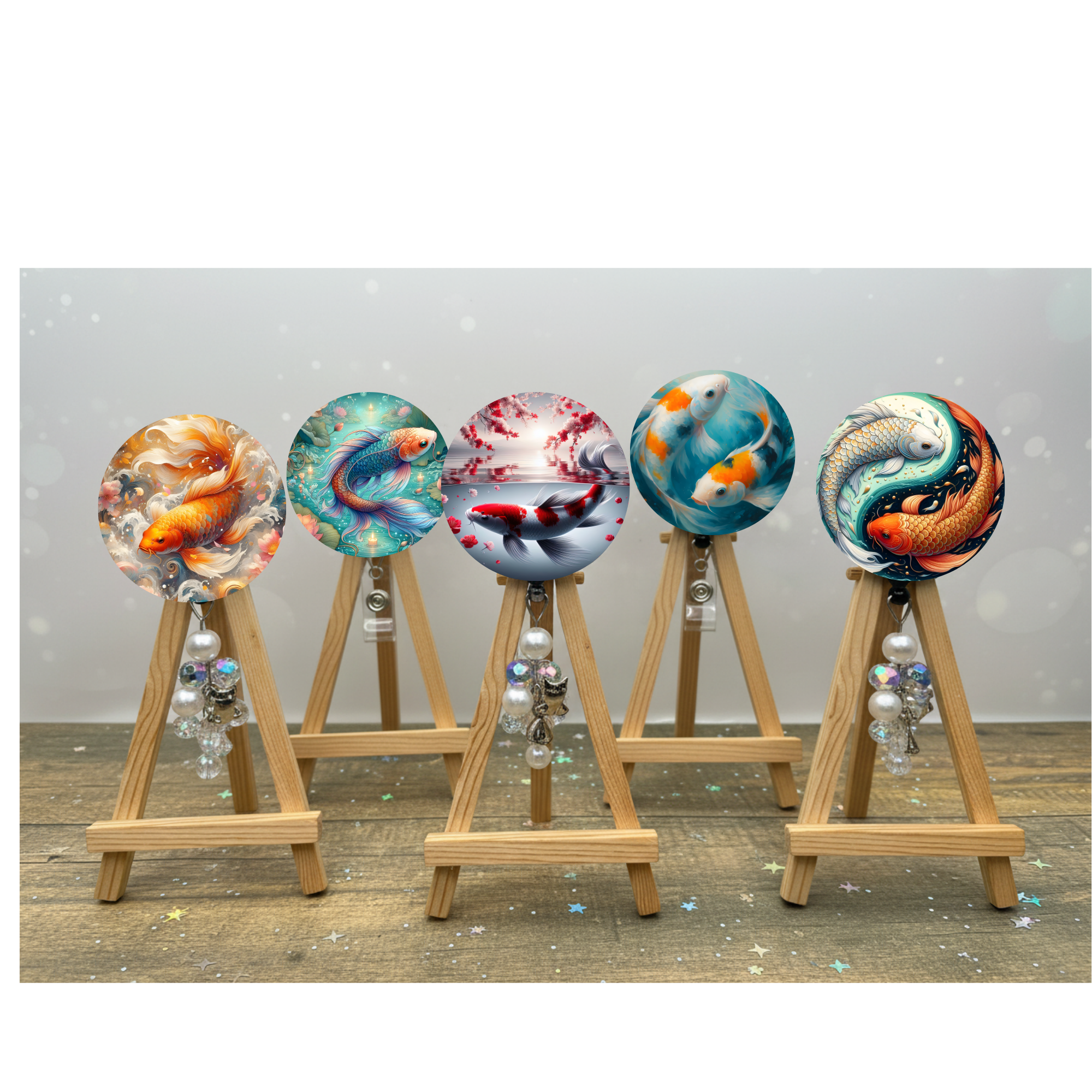 Koi Fish Badge Pulls. Multiple Images Available. Add Beads or Shimmer Glitter Options.