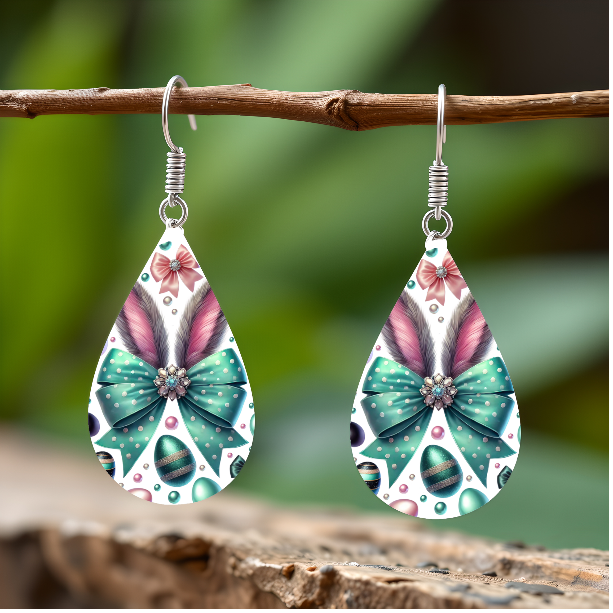 Teal Bow & Ears Easter Earrings