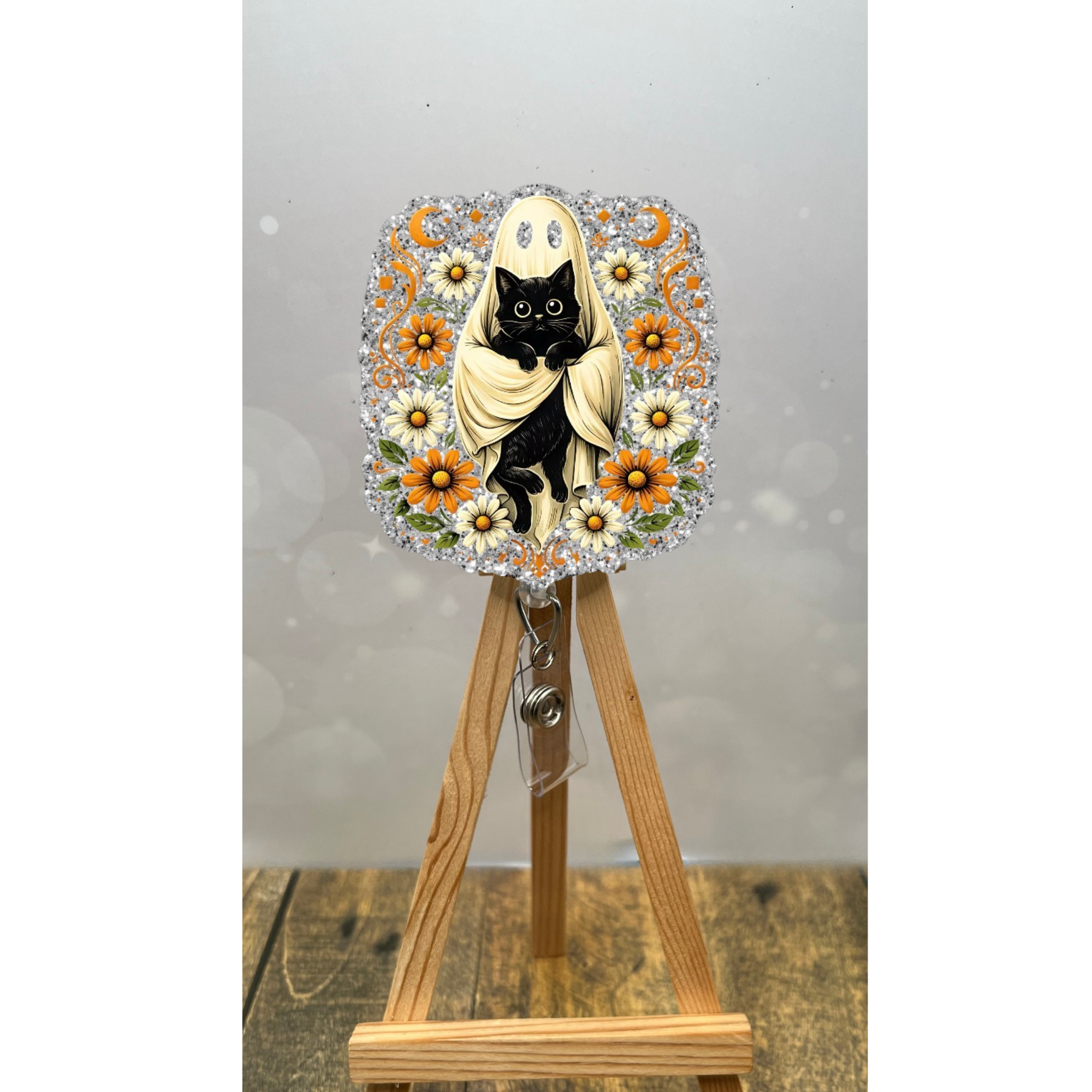 Ghost Cat Badge Reel – Cute Halloween Boo