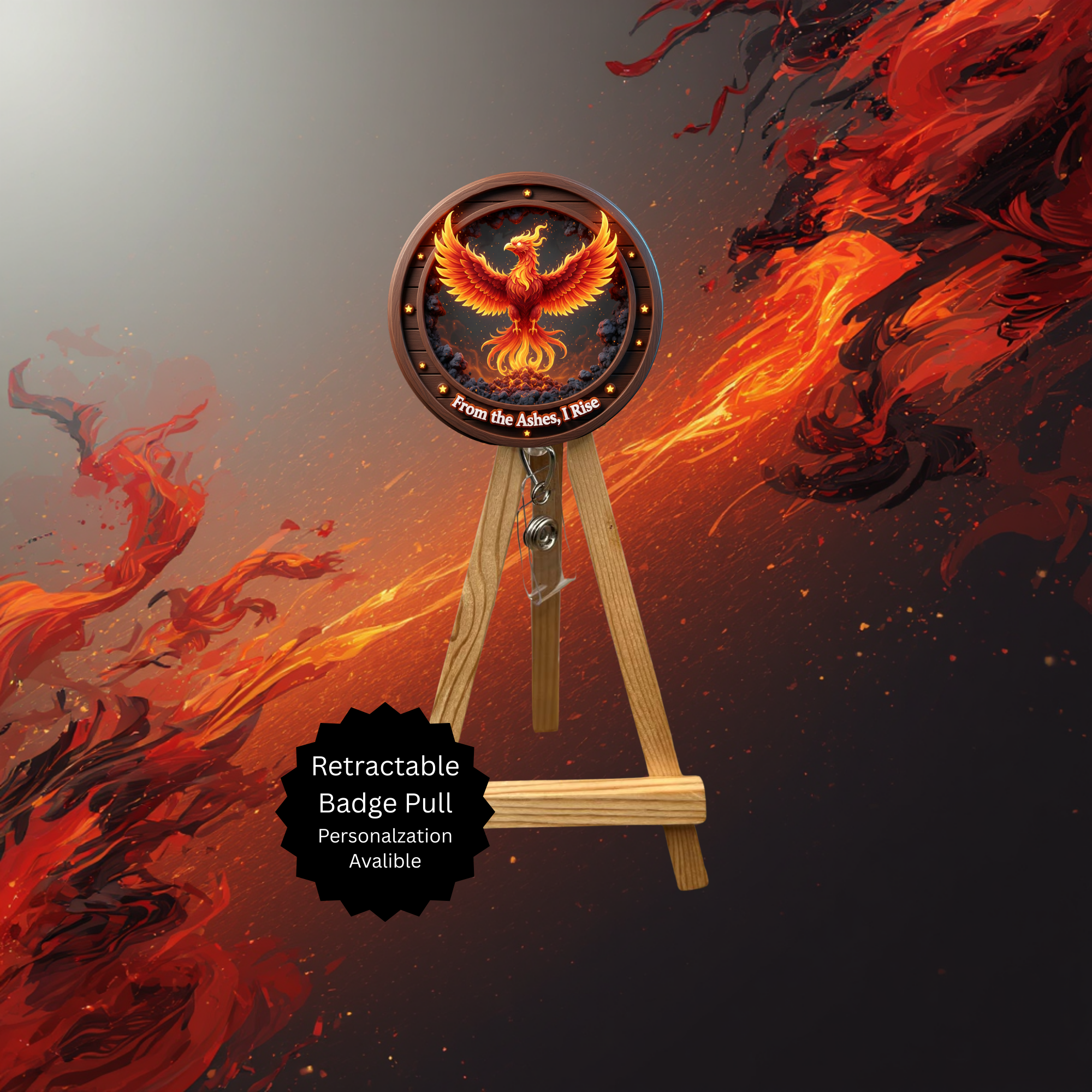 Phoenix Badge Pulls - Mythical Fire Bird ID Holder with Beads & Glitter Options
