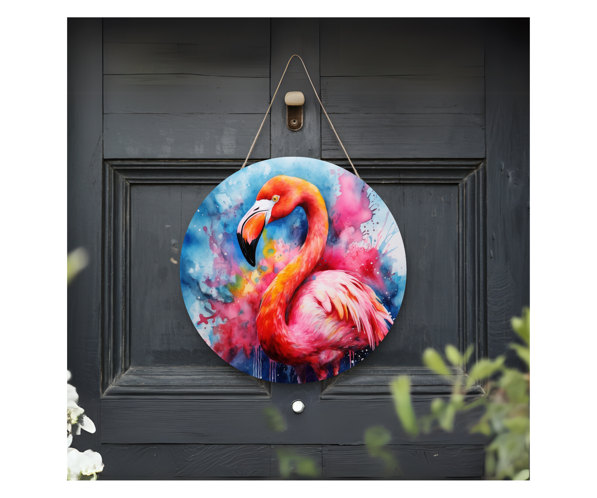 Home of the Flock Flamingo Door Signs, Multiple images options.