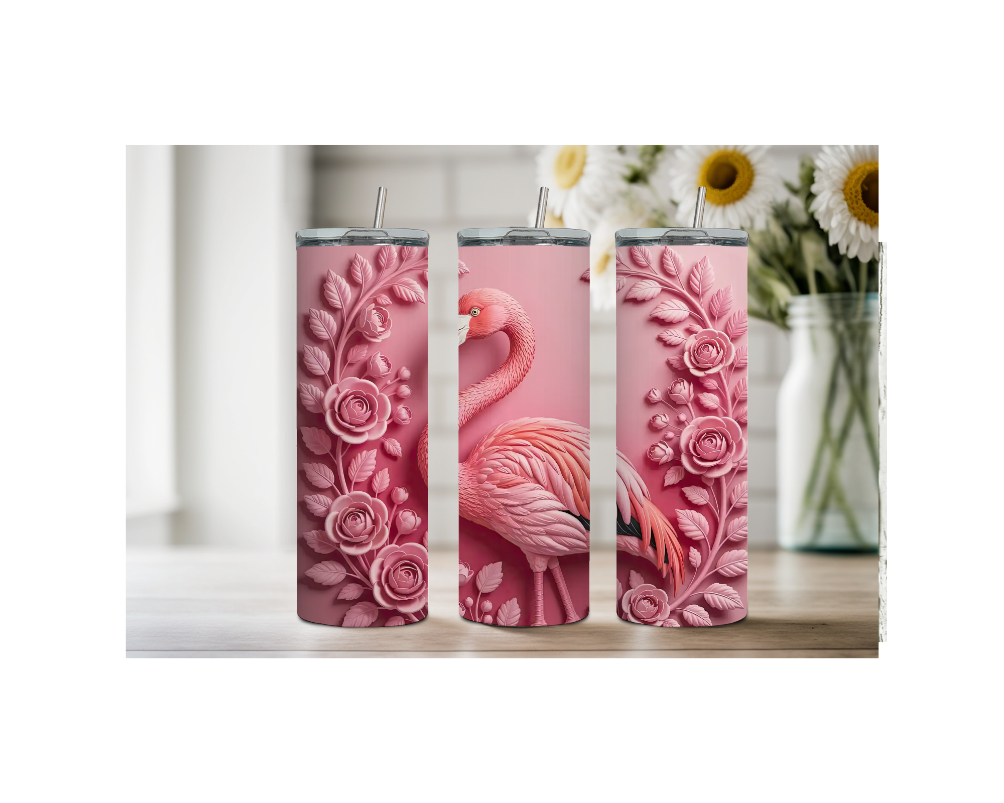 20 oz Pink Paradise Whimsy, Flamingo Stainless-Steel Tumblers. Multiple Sizes and Images Available.