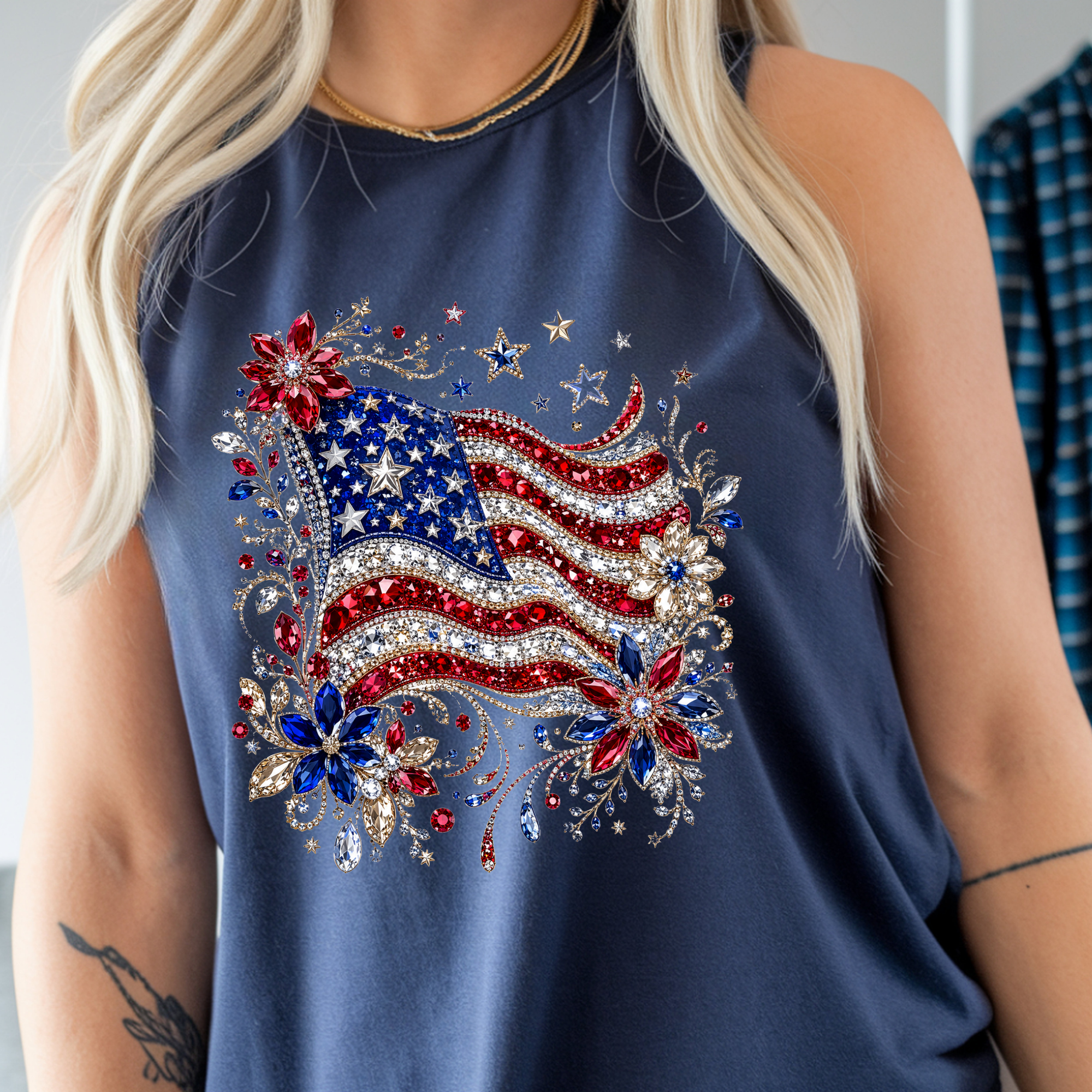 Faux Rhinestone American Flag Tank Top | Patriotic Sparkle Tank
