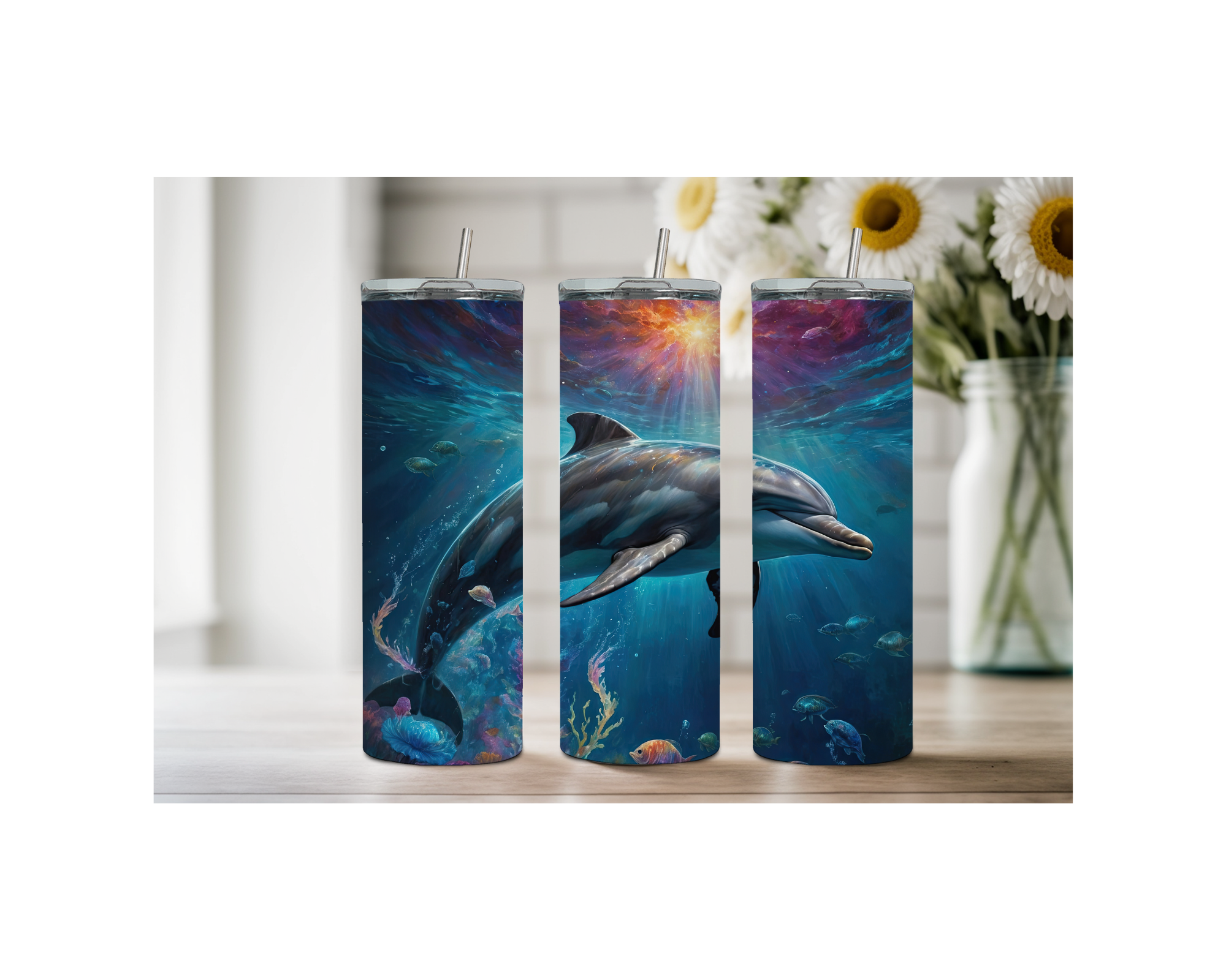 Splash of Happiness Dolphin – 20 oz Stainless-Steel Tumblers. Multiple Sizes and Images Available.