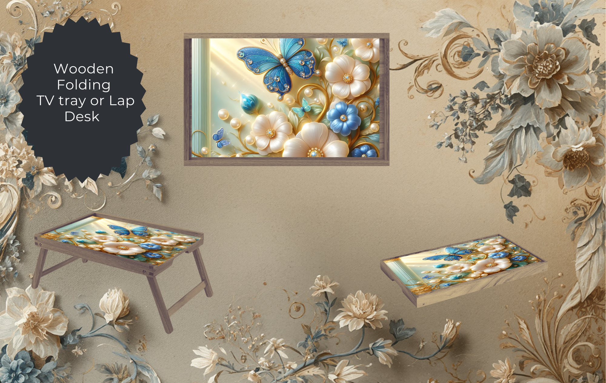 Butterfly Folding TV Trays - Handcrafted Wooden Serving Trays with Glitter