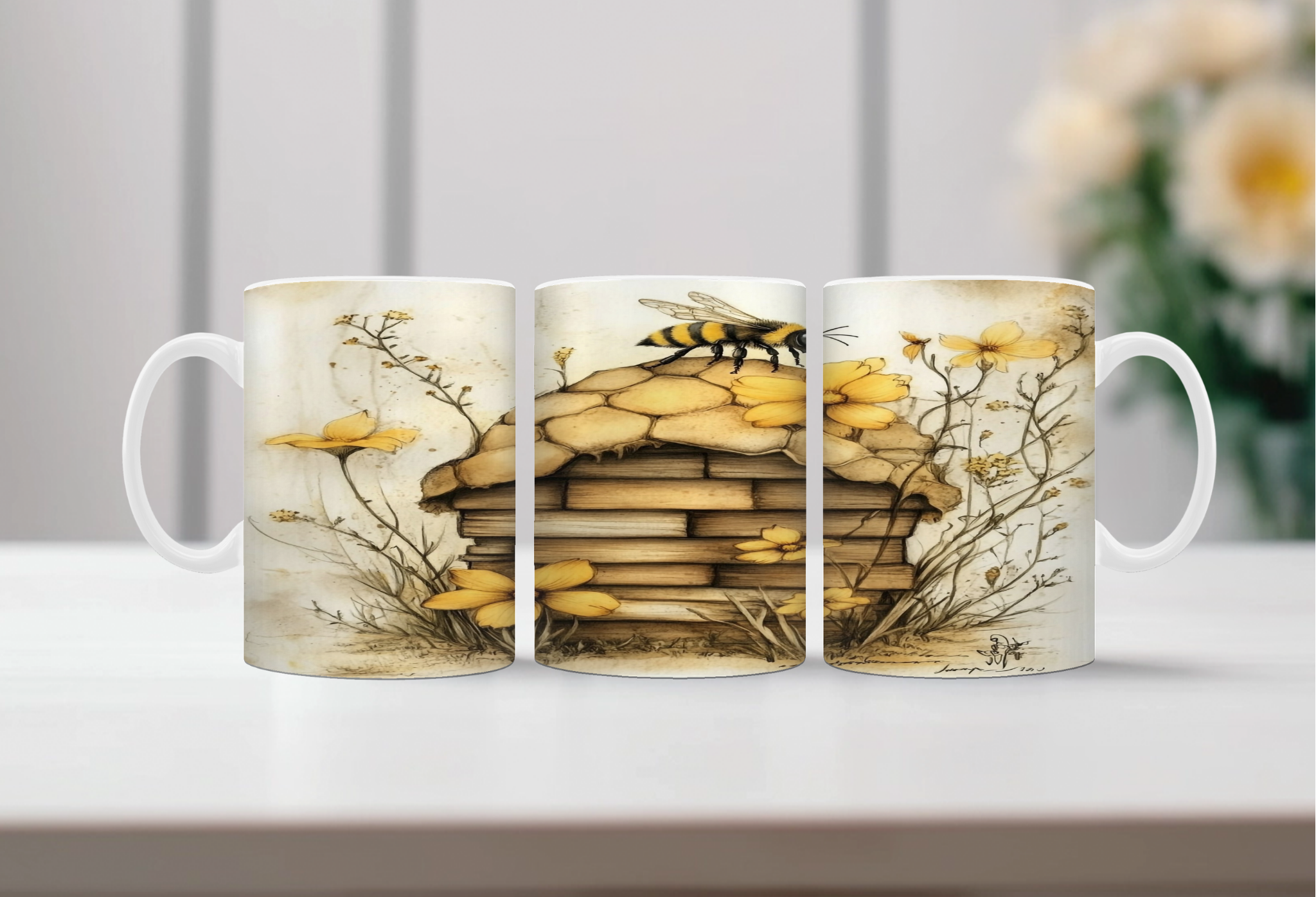 Buzzing Into the Day Honeybee Coffee Mugs. Two size options. Multiple images to choose.