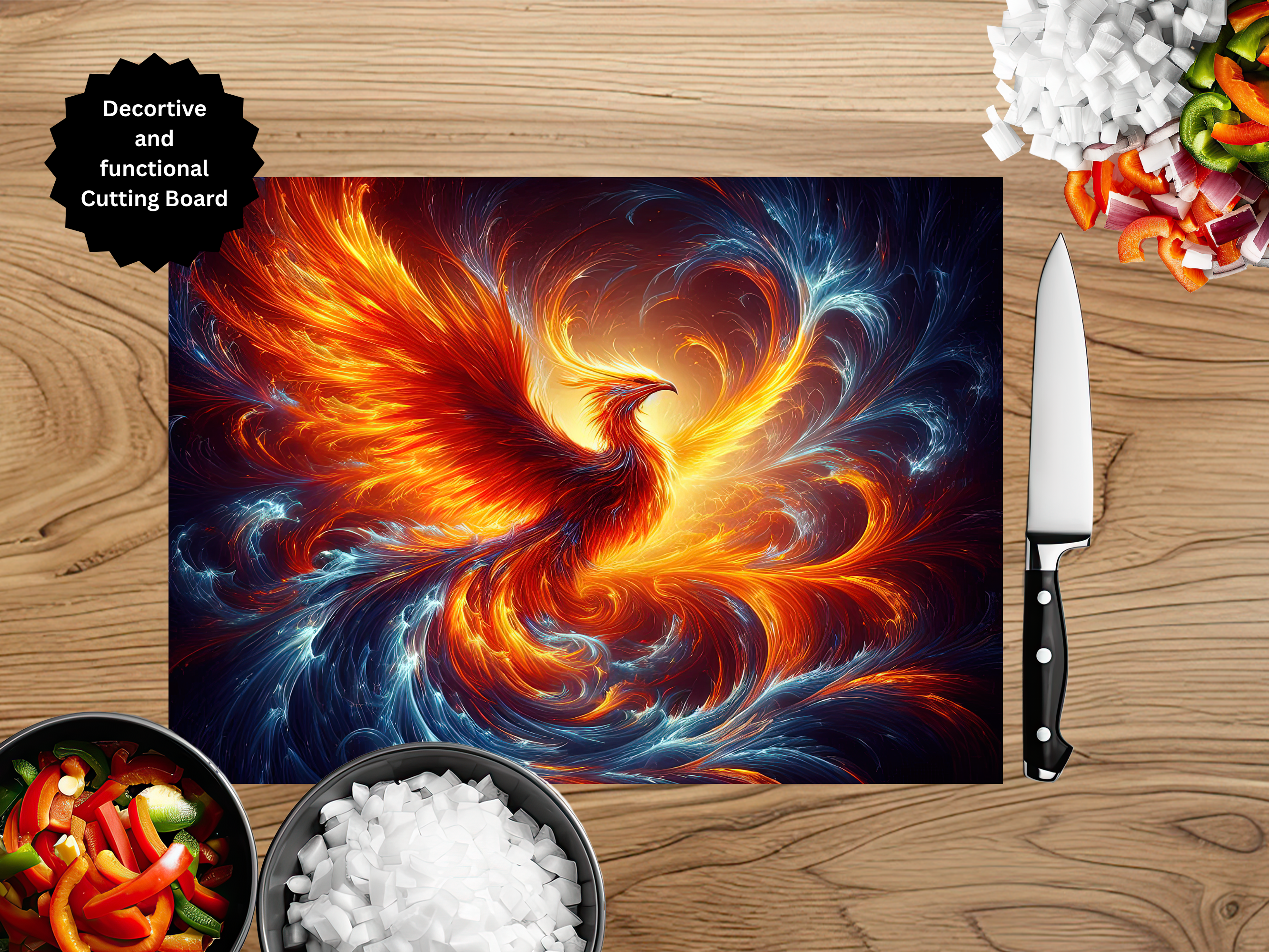 Phoenix Glass Cutting Board - Tempered Glass Kitchen Board with Fire Bird Design