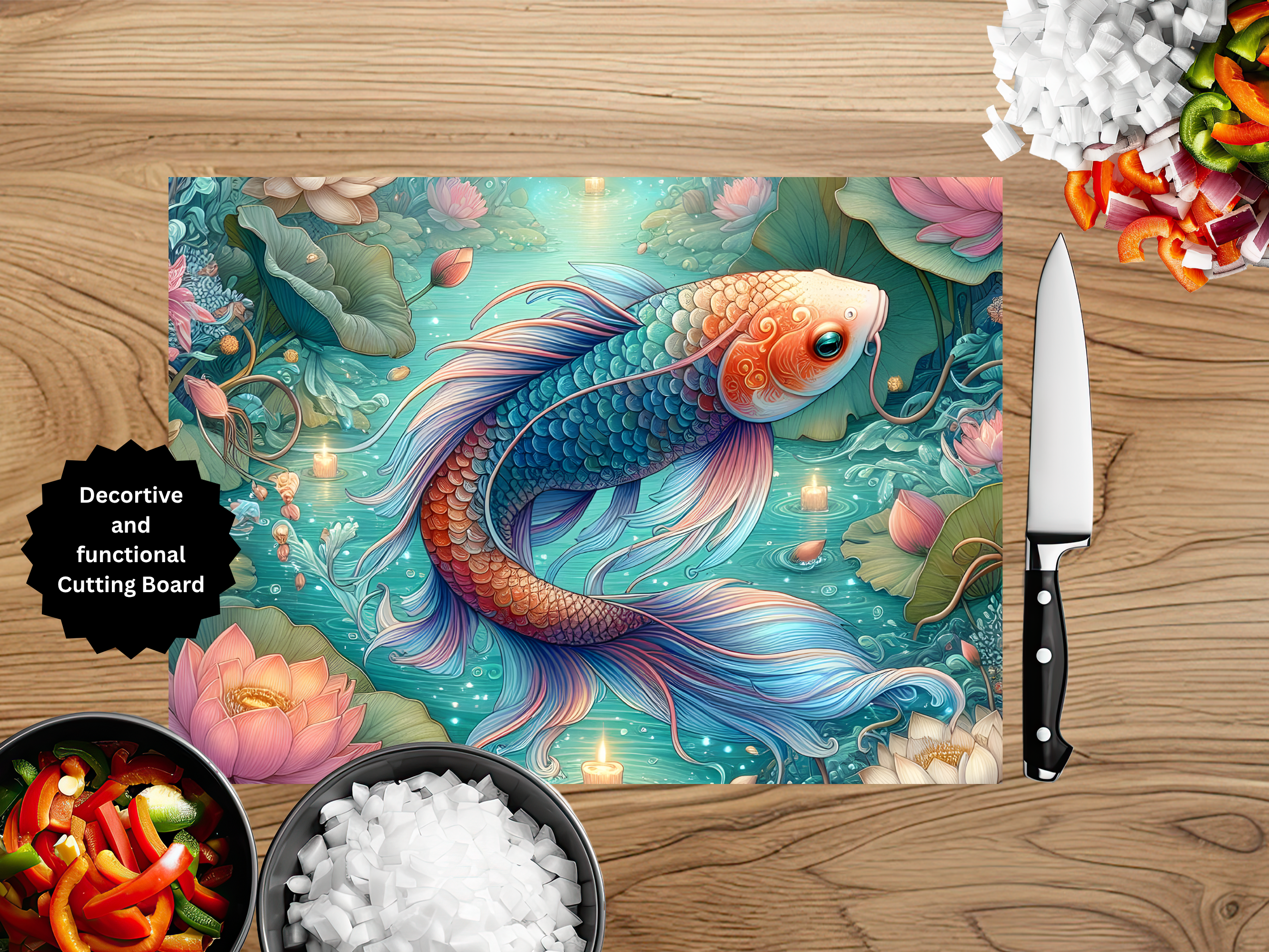 Koi Fish Glass Cutting Board - Tempered Glass Kitchen Board