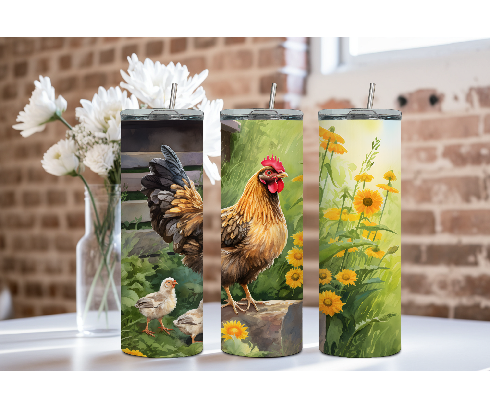 20 oz Happy Hen Chicken Stainless Steel Tumblers. Multiple Images Available