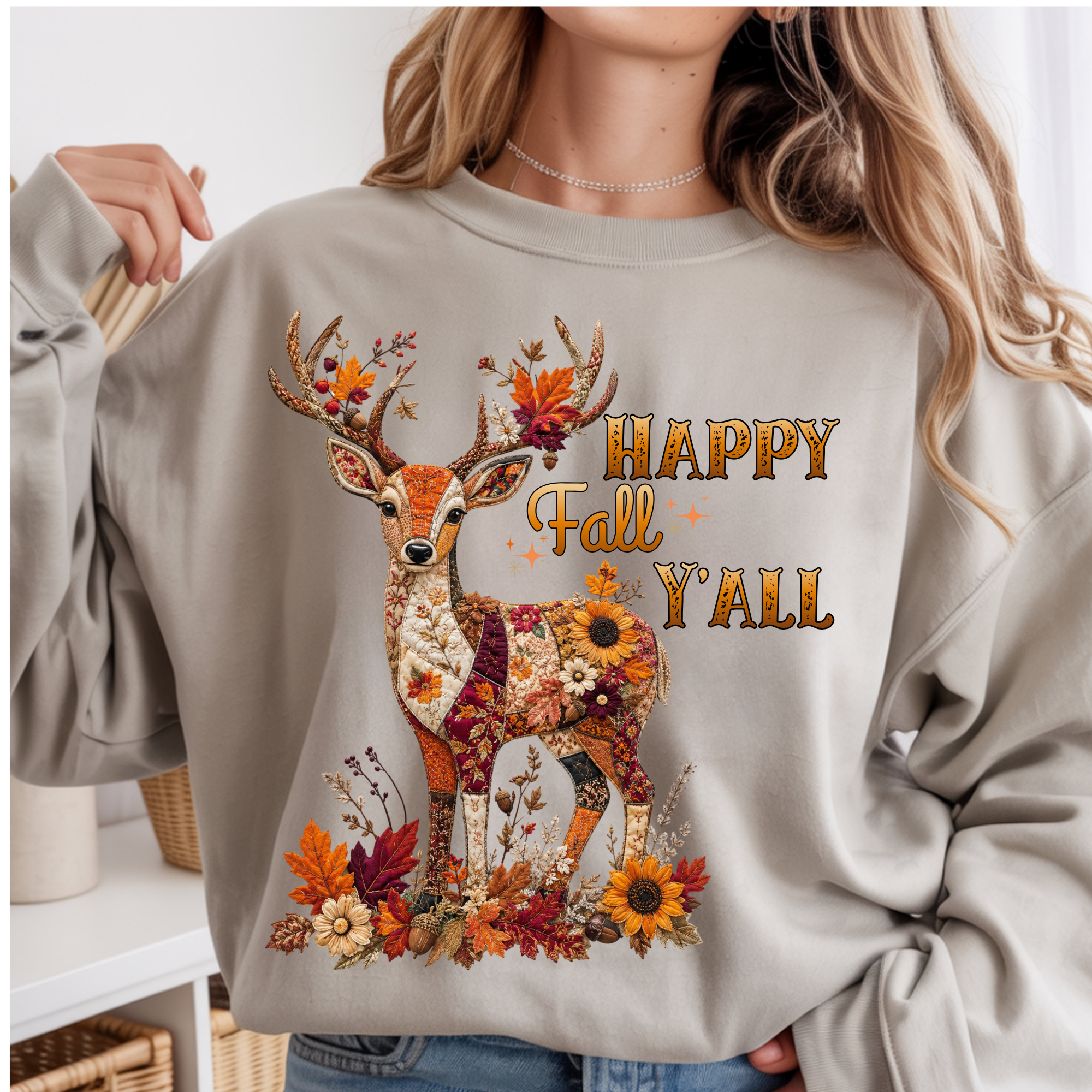 Patchwork Deer Happy Fall Y'all Sweatshirt