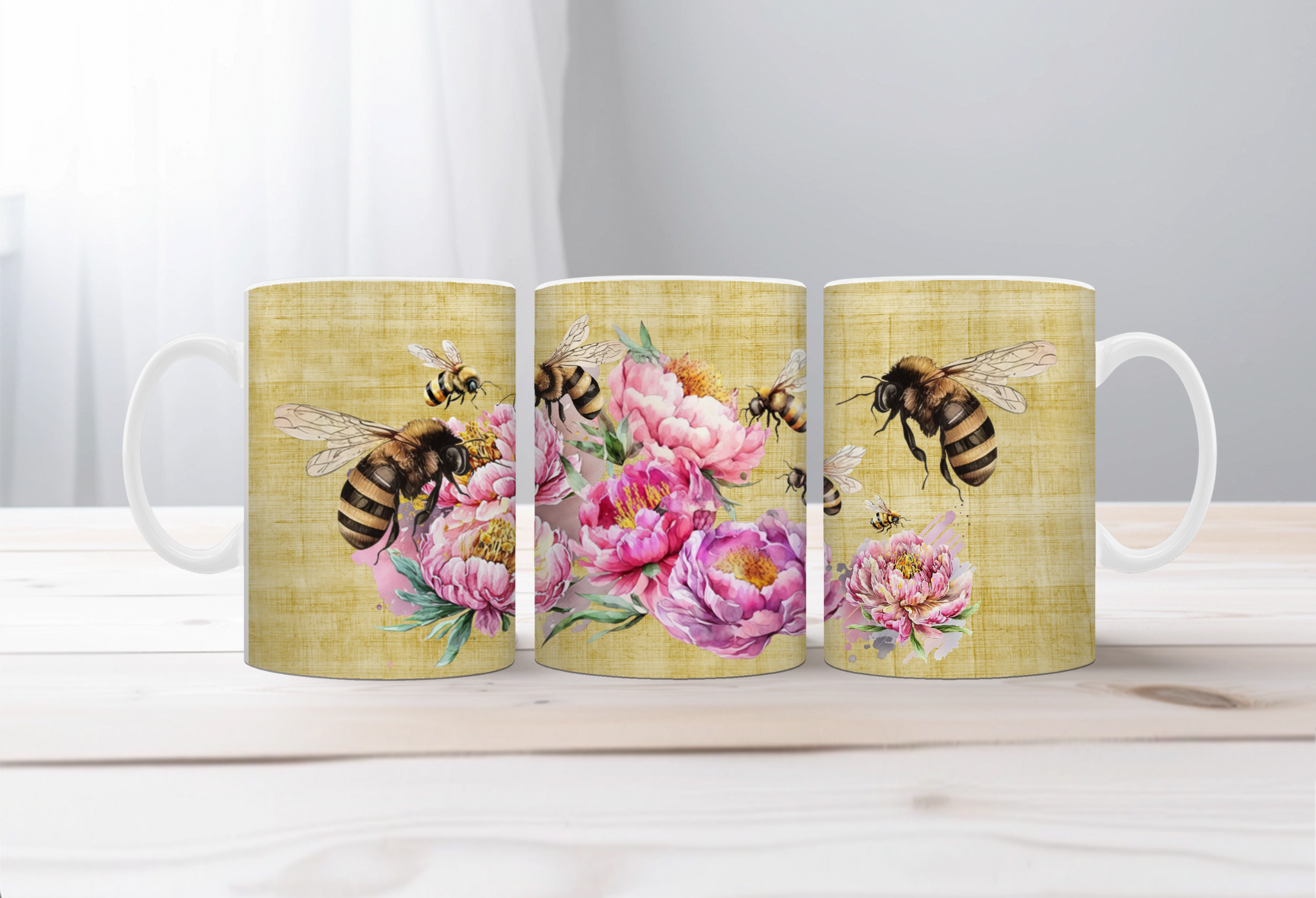 Buzzing Into the Day Honeybee Coffee Mugs. Two size options. Multiple images to choose.