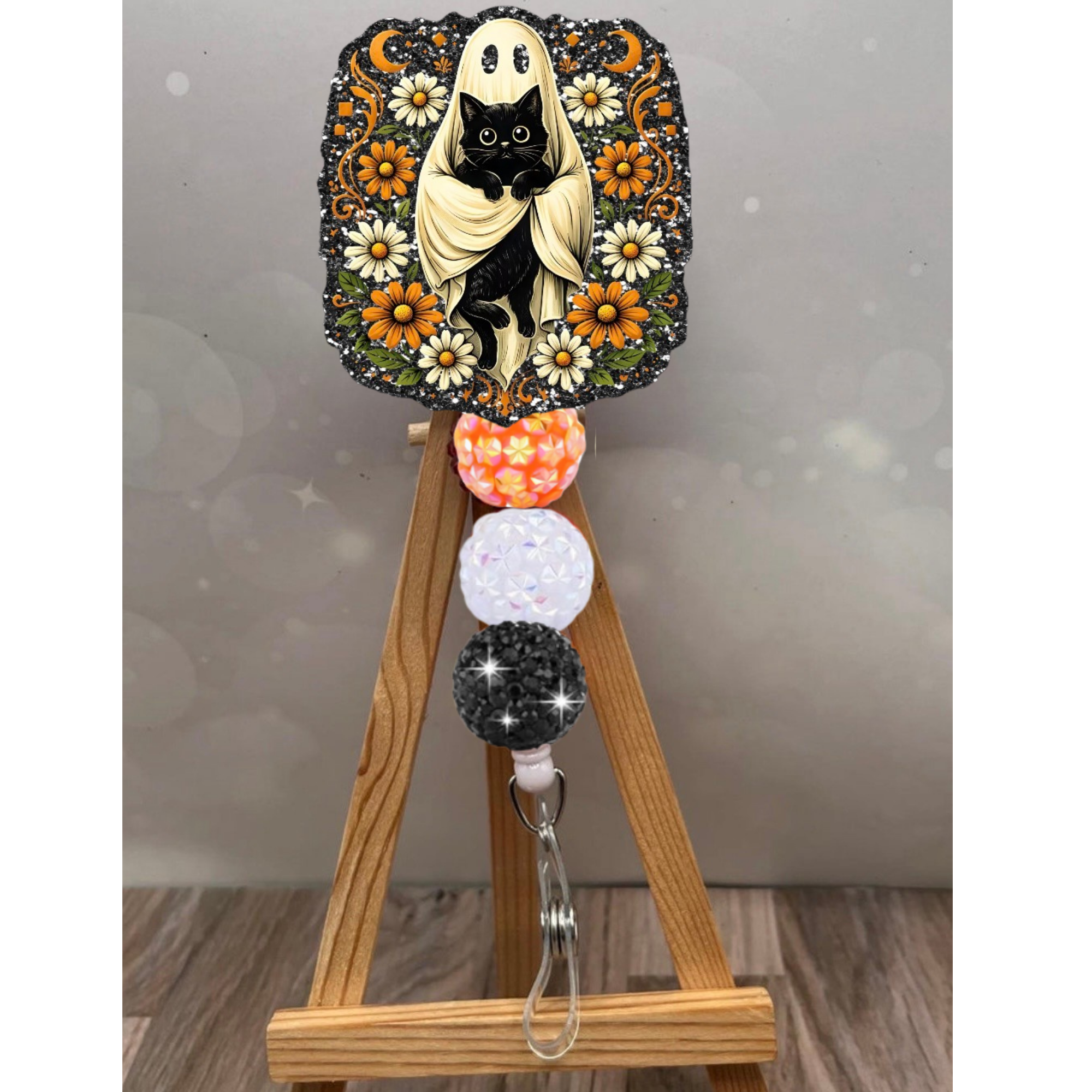 Ghost Cat Badge Reel – Cute Halloween Boo