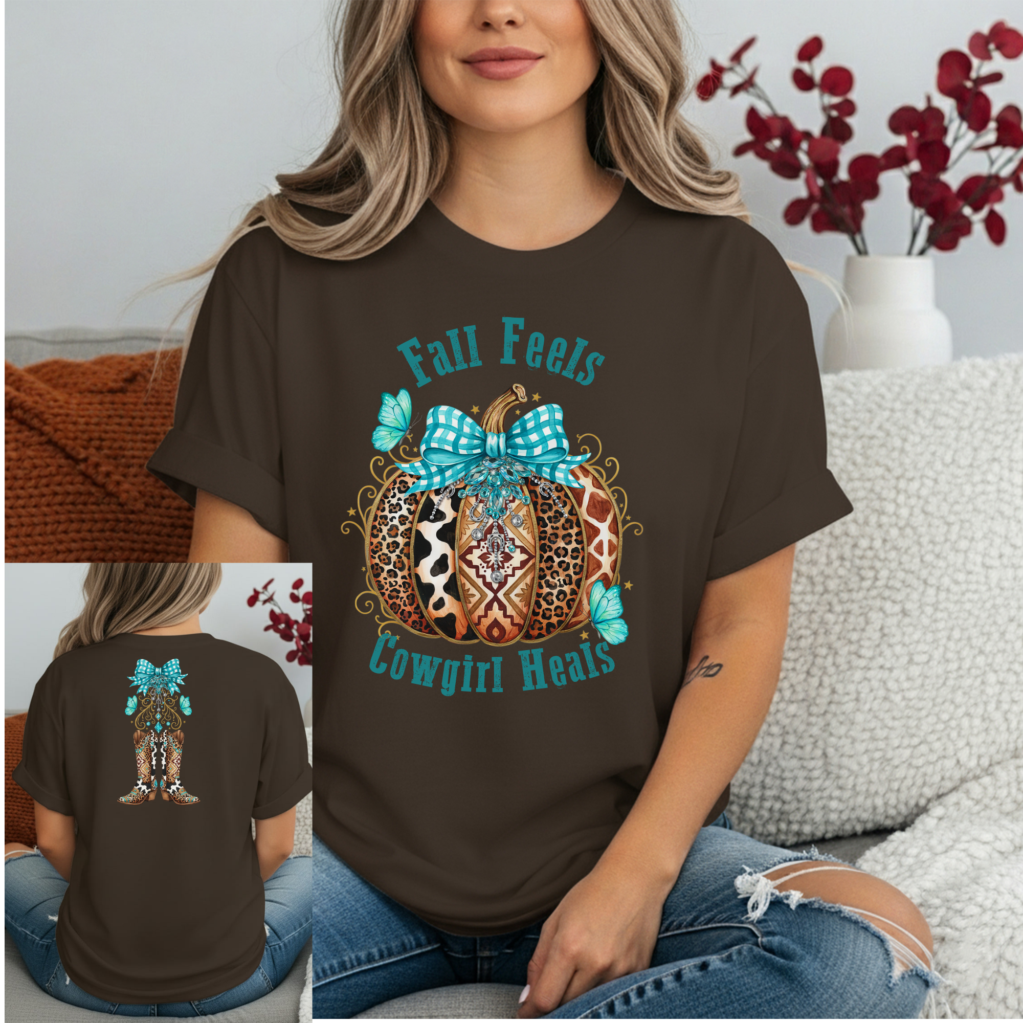 Fall Feels Cowgirl Heels Double Sided Graphic Tee
