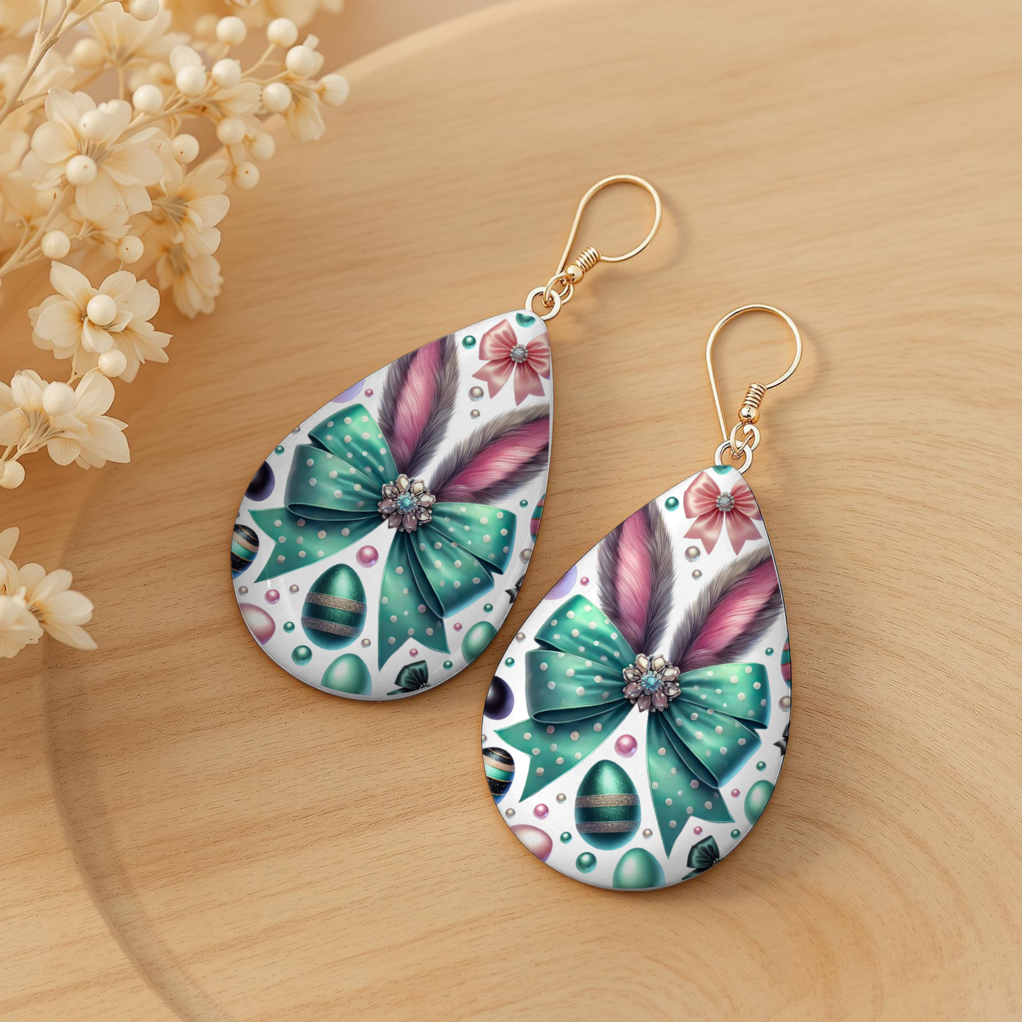 Teal Bow & Ears Easter Earrings