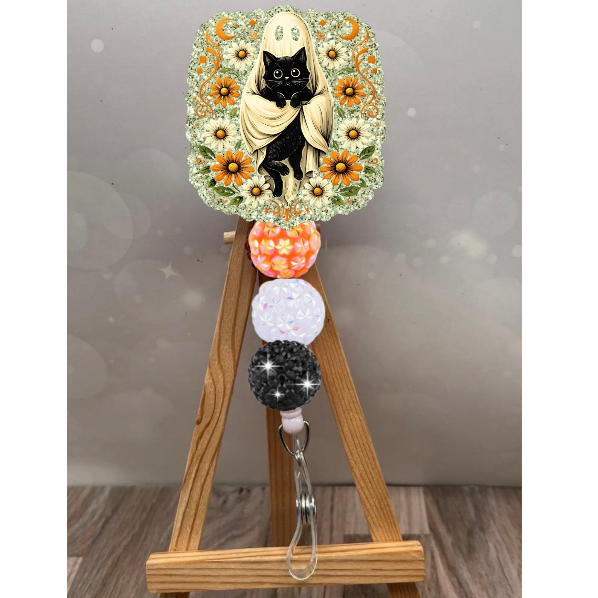 Ghost Cat Badge Reel – Cute Halloween Boo