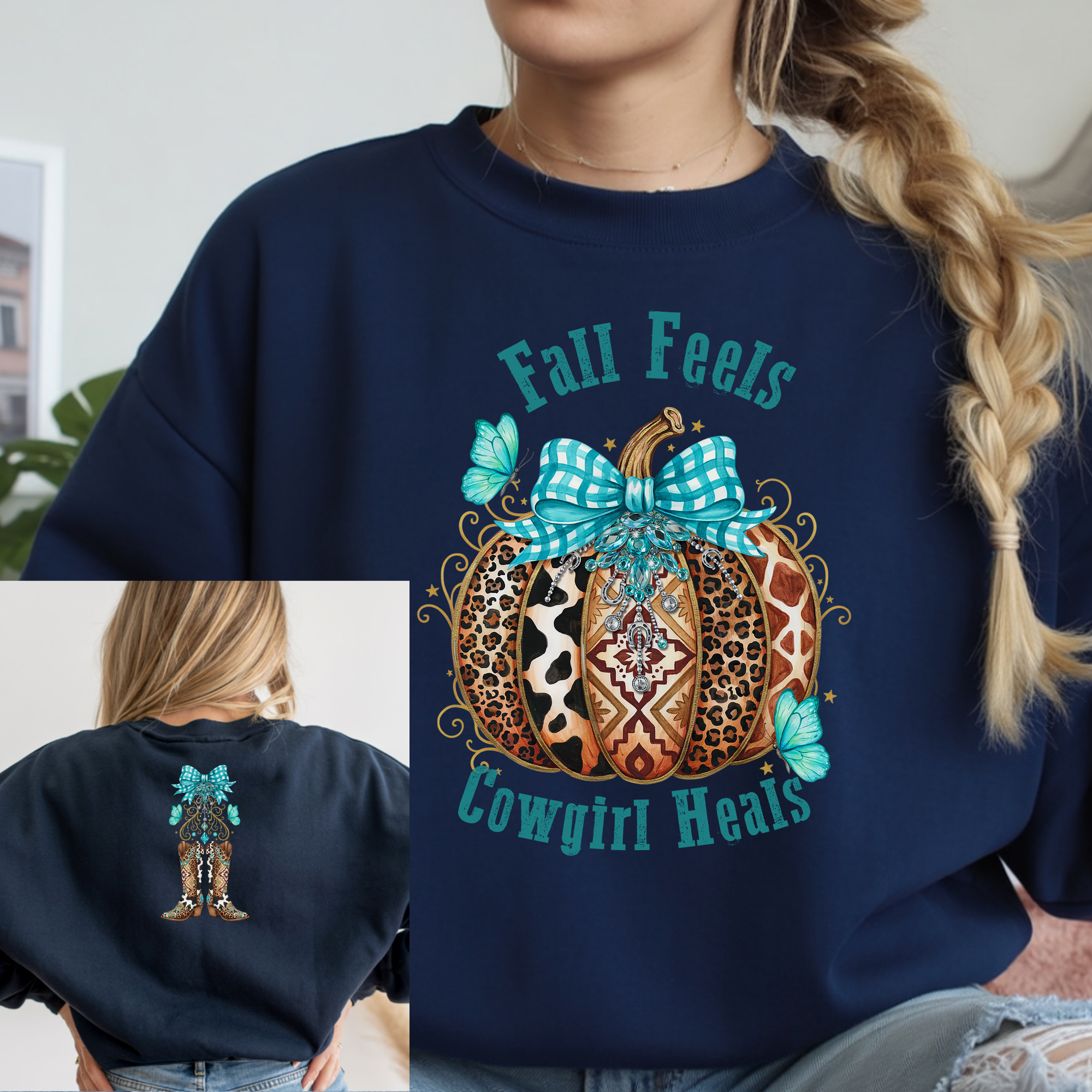 Fall Feels Cowgirl Heels Front & Back Graphic Fleece Sweatshirt