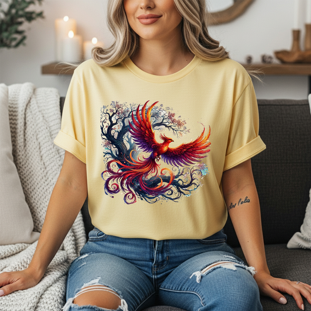 Phoenix Tree T-Shirt - Mythical Fire Bird Perched on Tree Tee