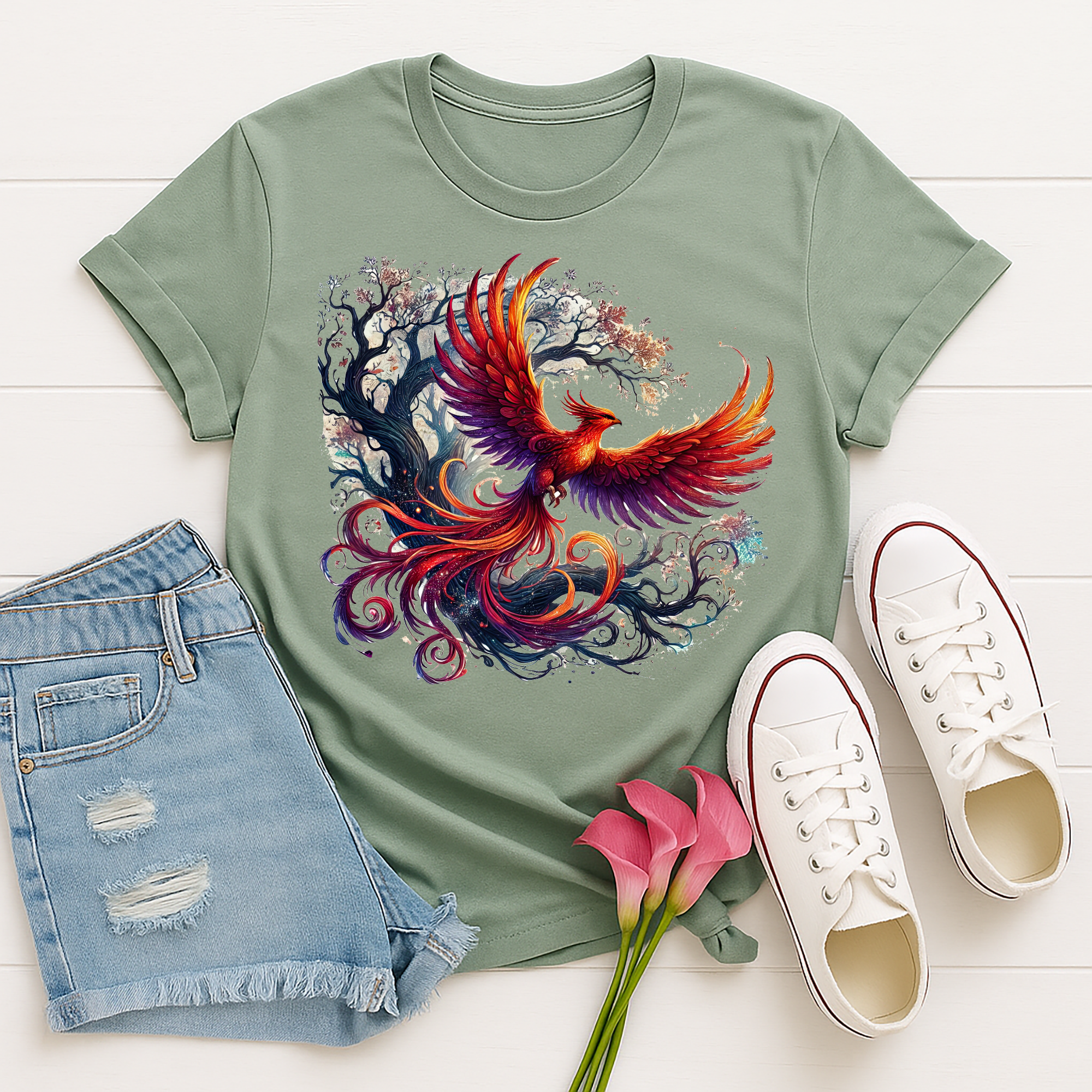 Phoenix Tree T-Shirt - Mythical Fire Bird Perched on Tree Tee