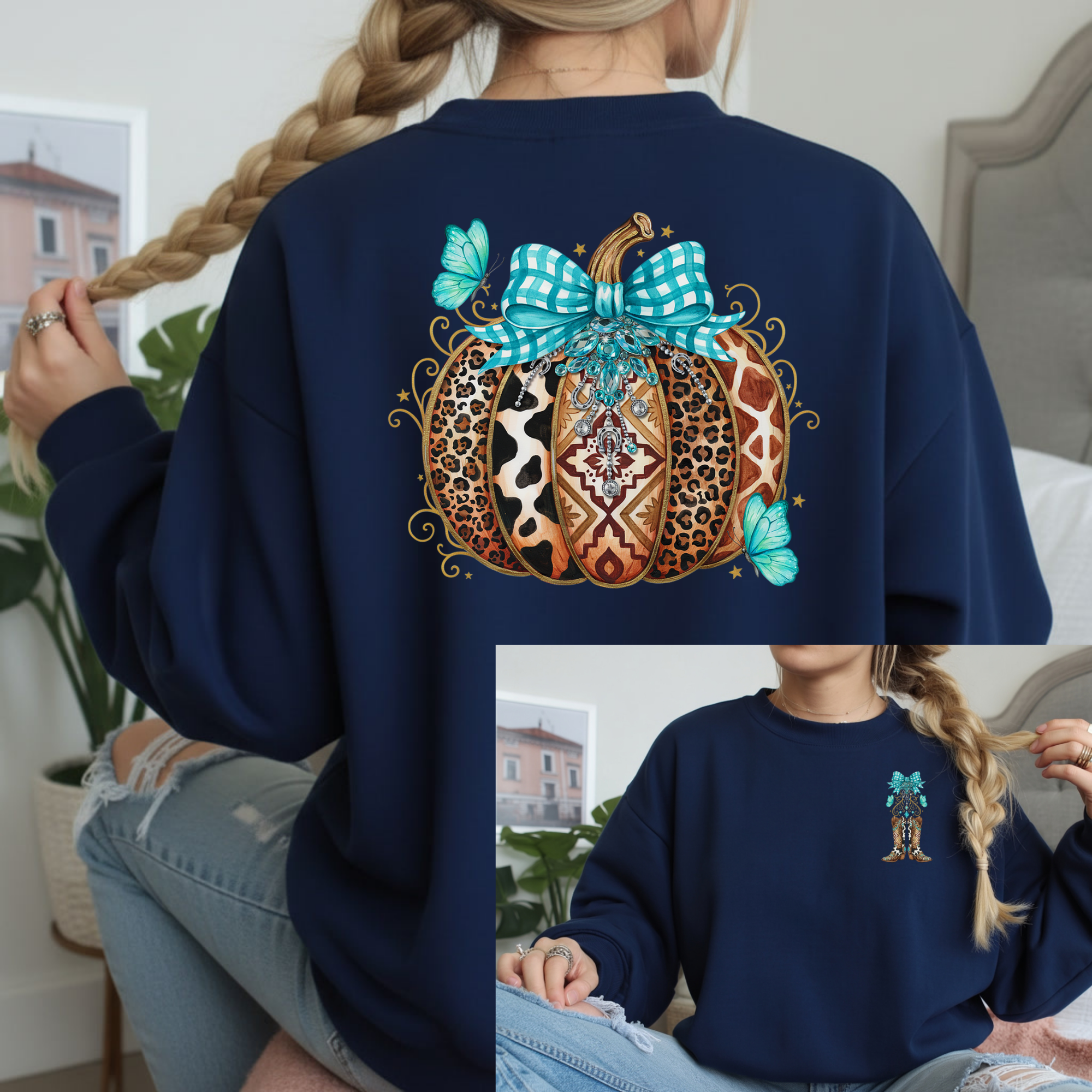 Boho Pumpkin Back Graphic & Front Pocket Fleece Sweatshirt