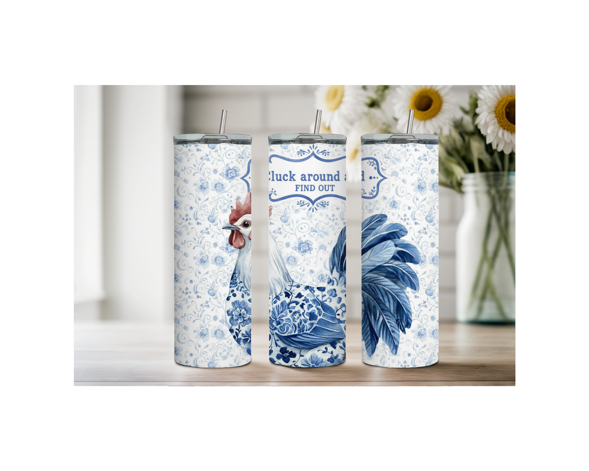 20 oz Happy Hen Chicken Stainless Steel Tumblers. Multiple Images Available