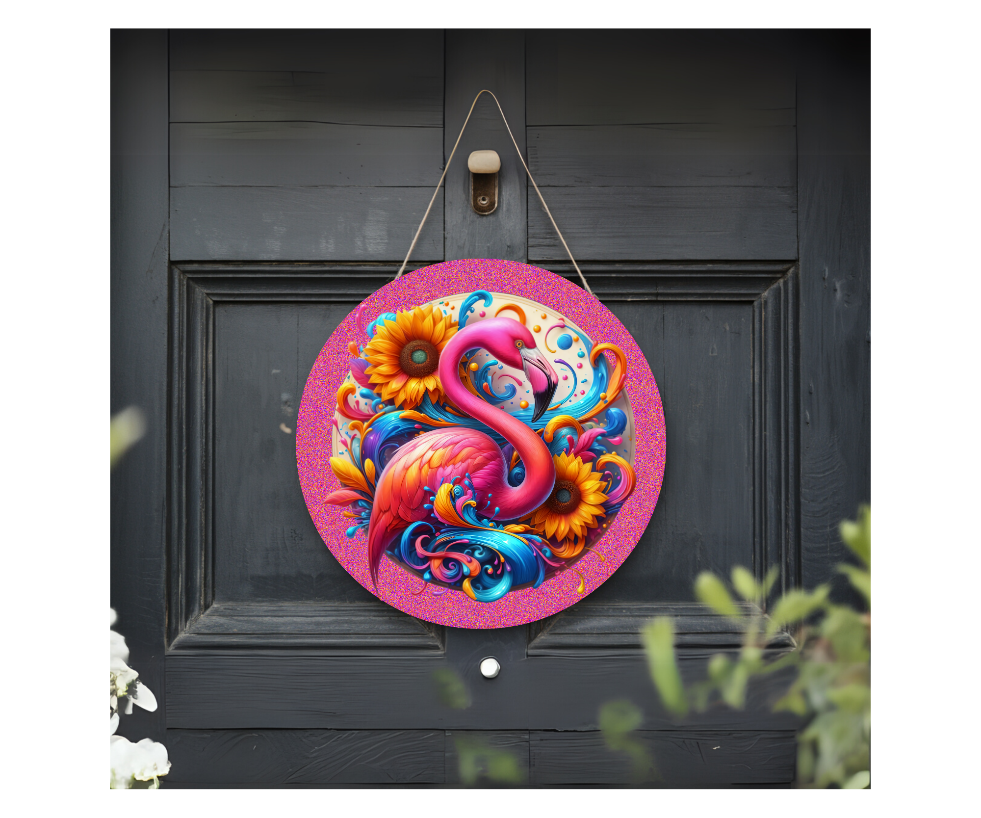 Home of the Flock Flamingo Door Signs, Multiple images options.
