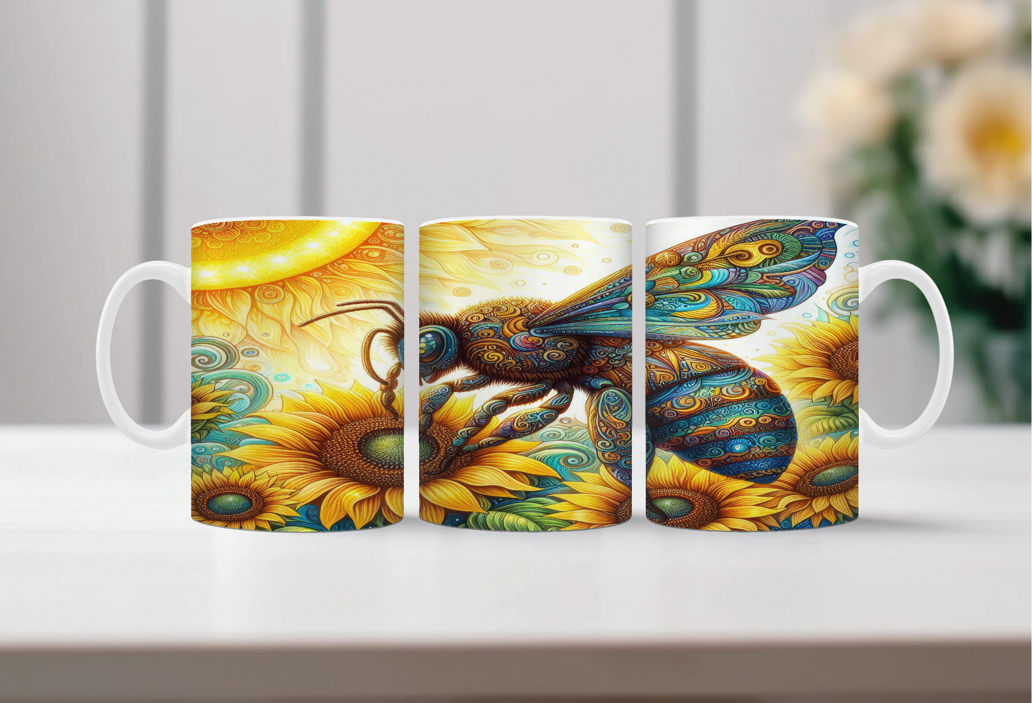 Buzzing Into the Day Honeybee Coffee Mugs. Two size options. Multiple images to choose.