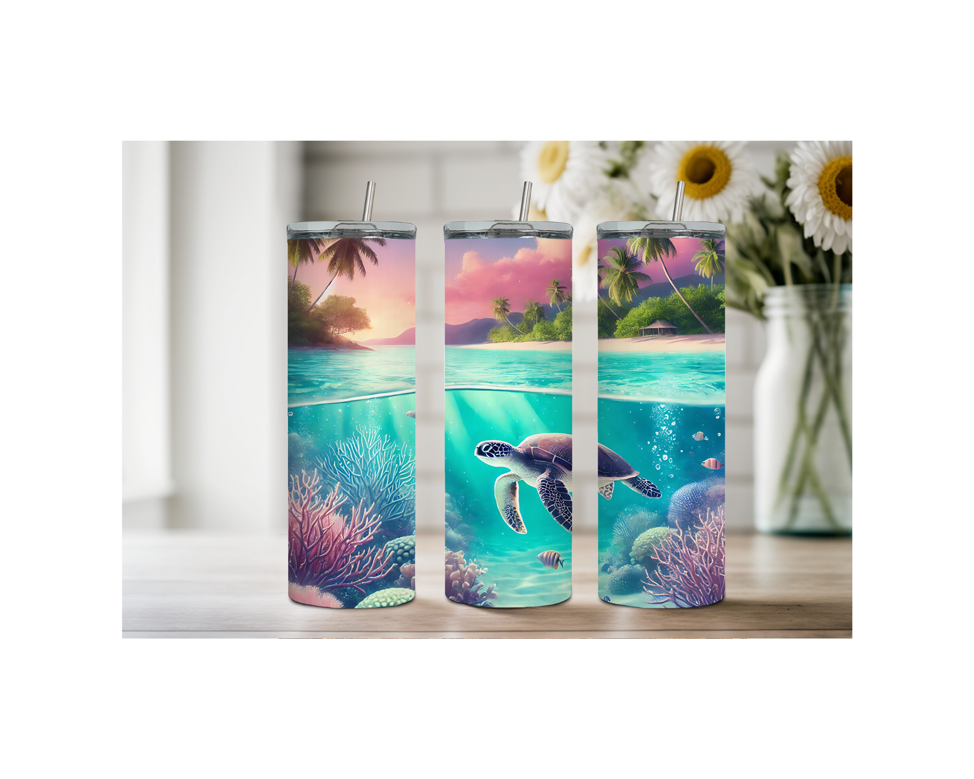 20 oz sip and surf Sea turtle Tumblers, Multiple images to choose from, with or without handle and speakers.