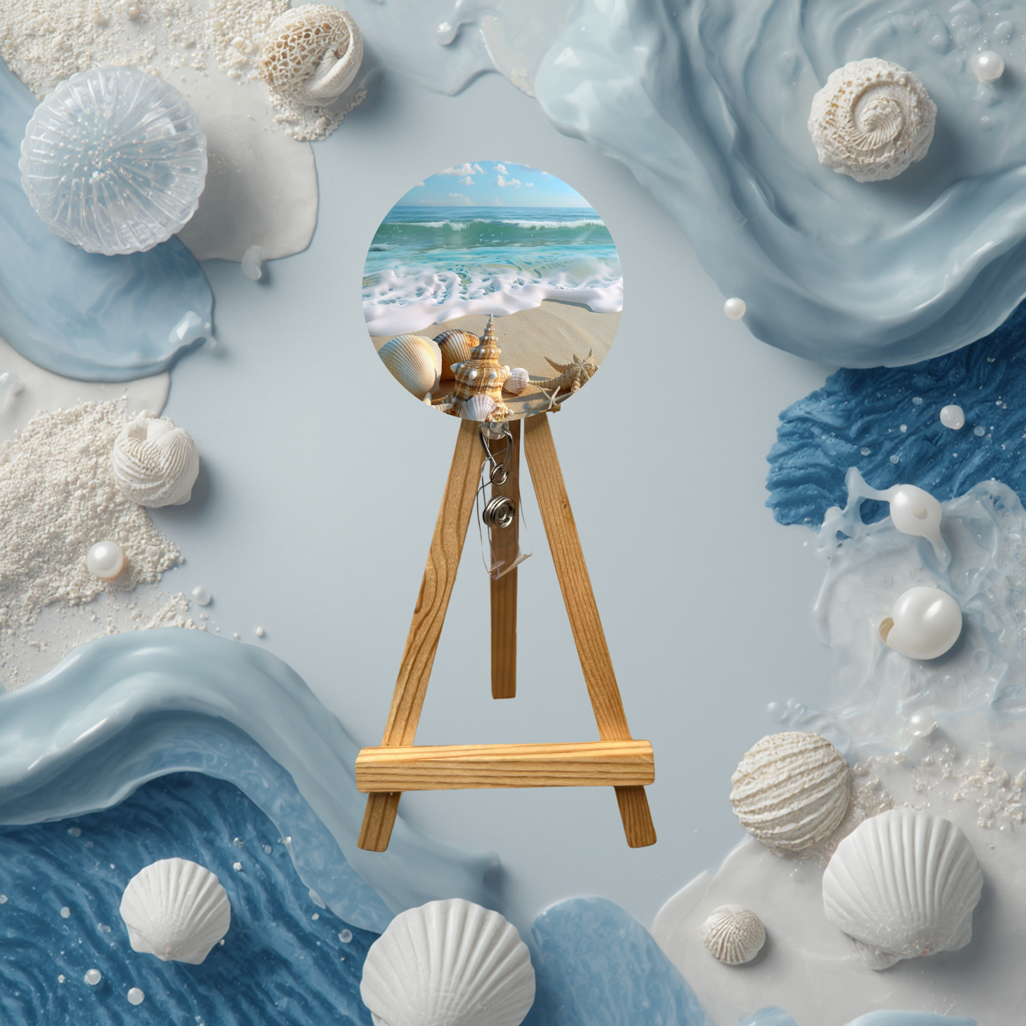 Beach badge pulls. Multiple Images available. Add beads or shimmer glitter options.