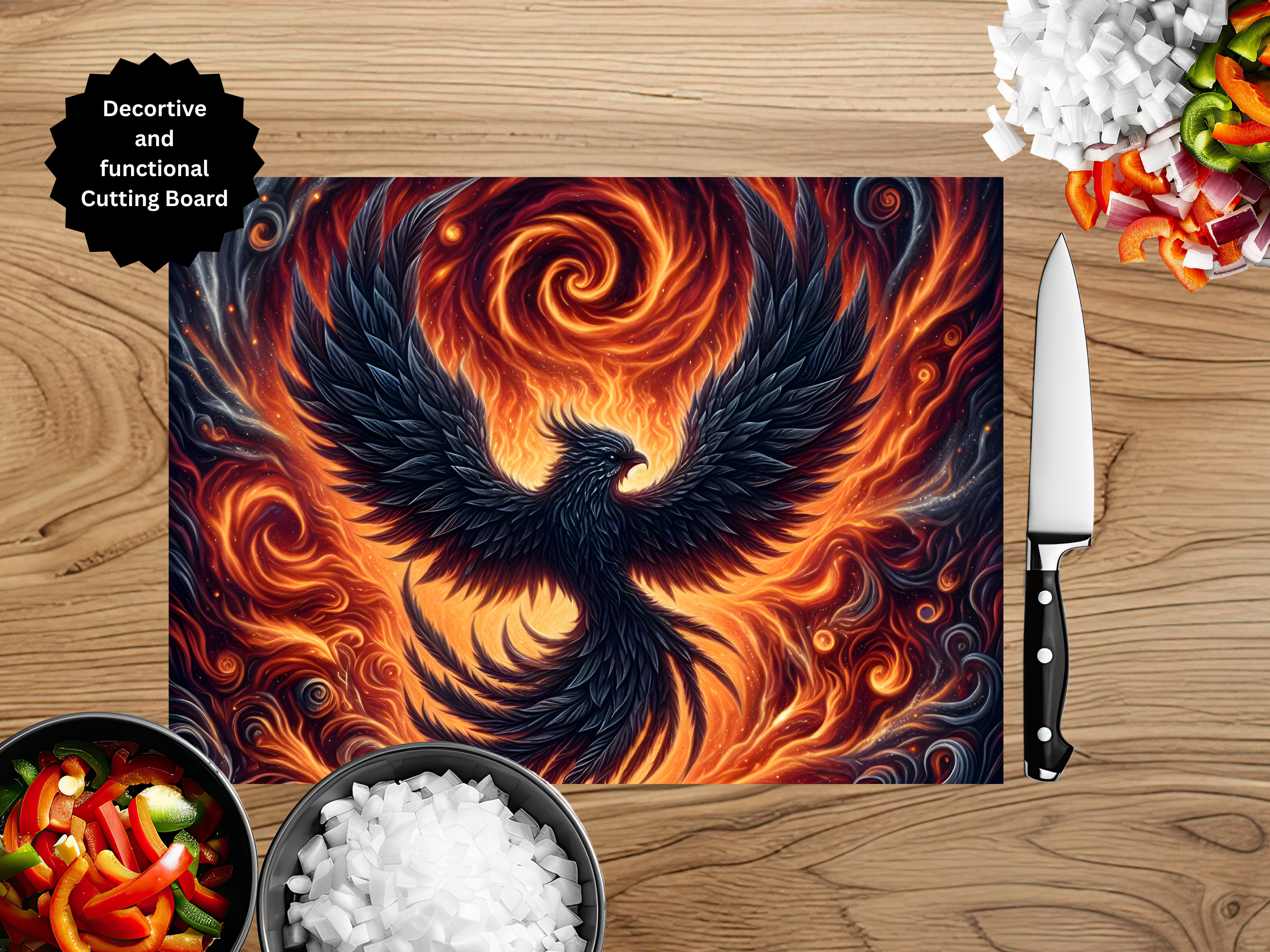 Phoenix Glass Cutting Board - Tempered Glass Kitchen Board with Fire Bird Design