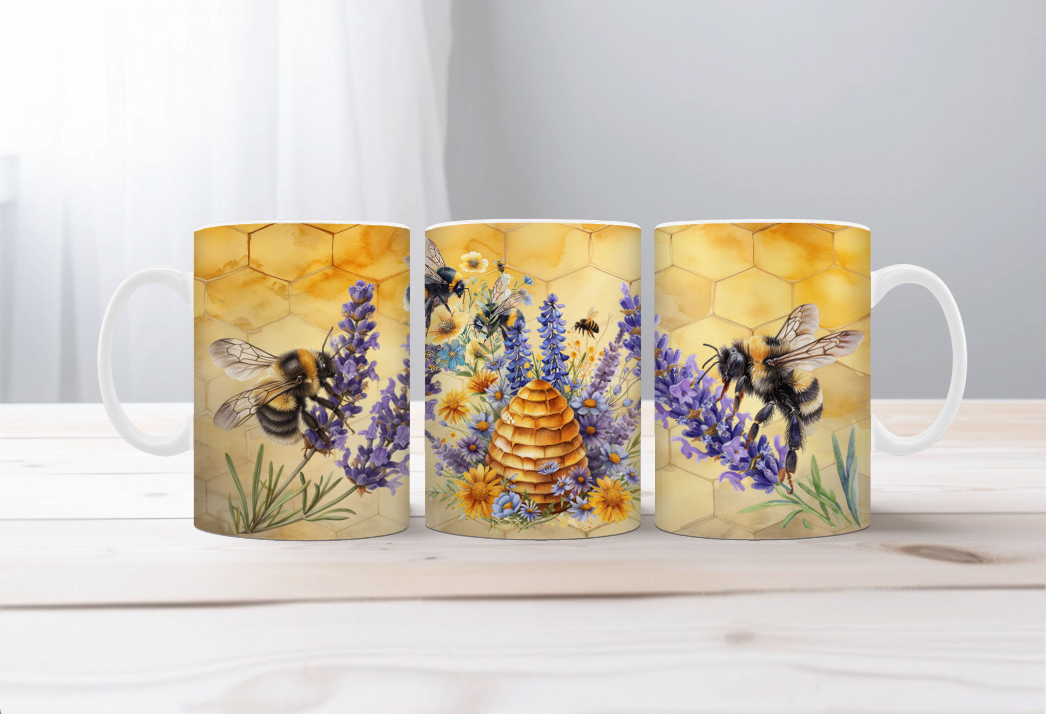 Buzzing Into the Day Honeybee Coffee Mugs. Two size options. Multiple images to choose.